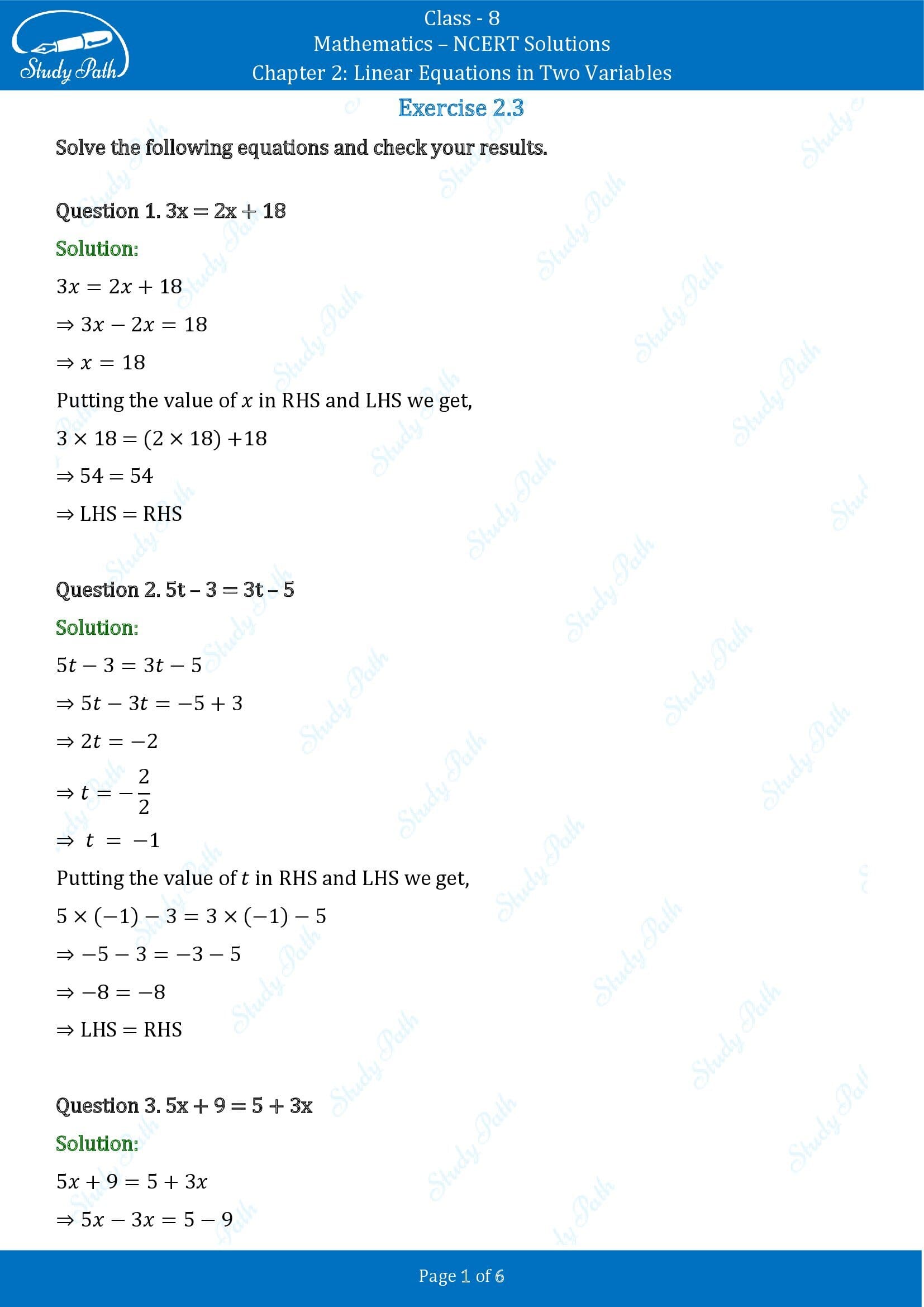 NCERT Solutions for Class 8 Maths Chapter 2 Linear Equations in Two Variables Exercise 2.3 00001