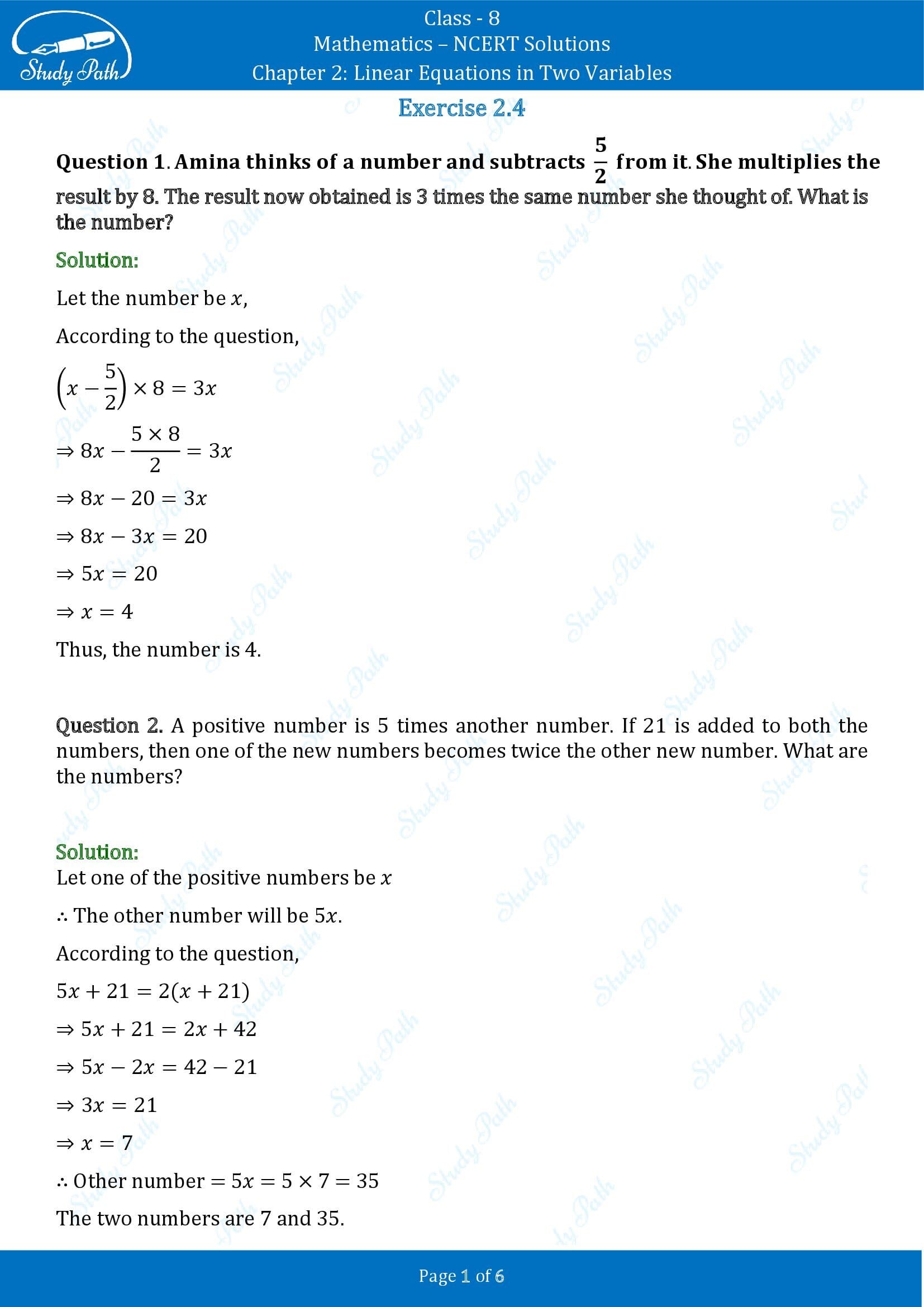 NCERT Solutions for Class 8 Maths Chapter 2 Linear Equations in Two Variables Exercise 2.4 00001