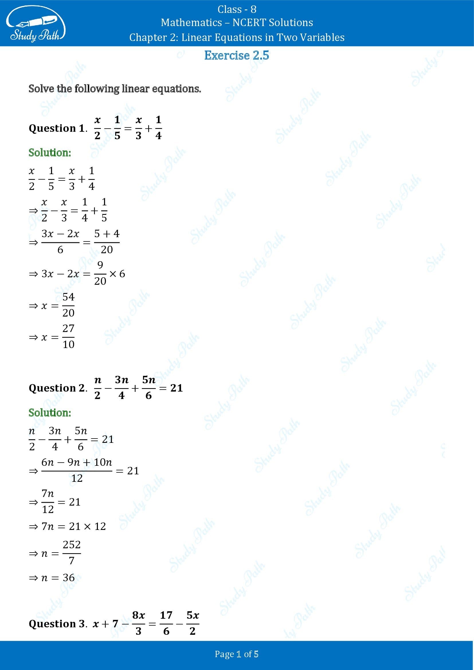 NCERT Solutions for Class 8 Maths Chapter 2 Linear Equations in Two Variables Exercise 2.5 00001