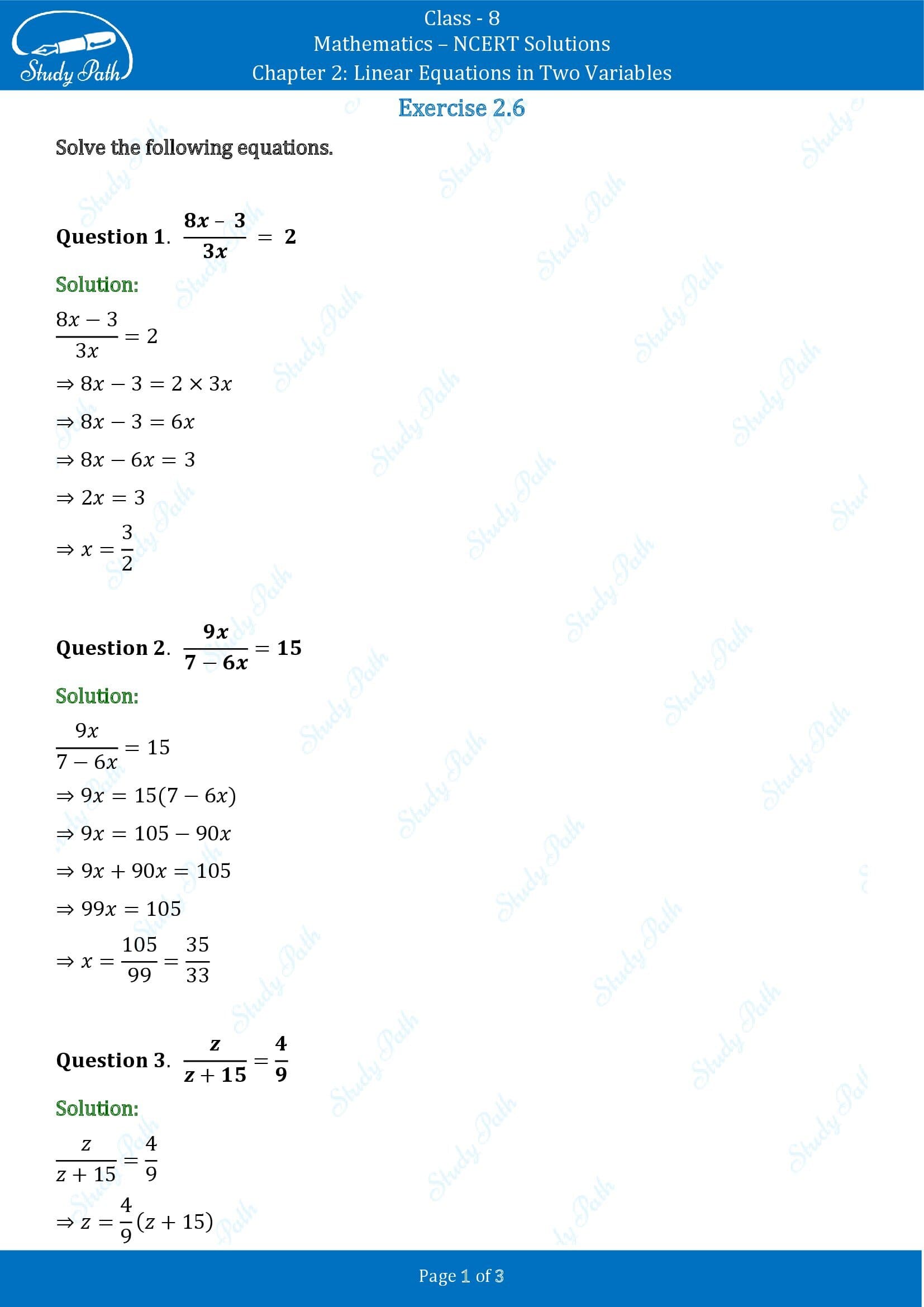 NCERT Solutions for Class 8 Maths Chapter 2 Linear Equations in Two Variables Exercise 2.6 00001