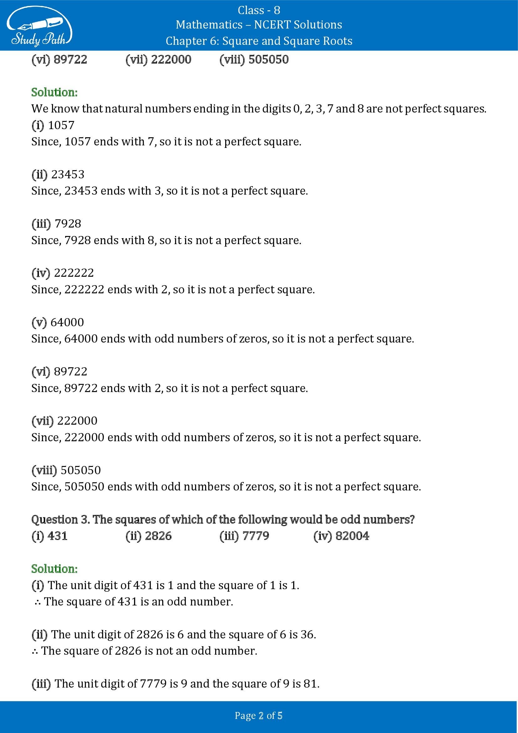 NCERT Solutions for Class 8 Maths Chapter 6 Square and Square Roots Exercise 6.1 00002