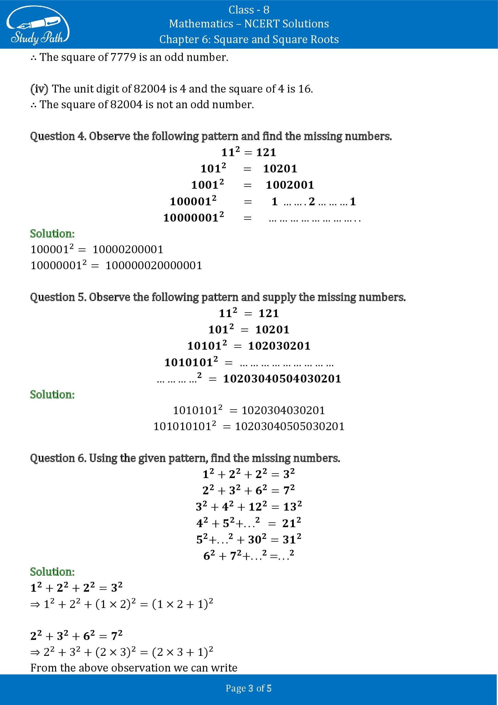 NCERT Solutions for Class 8 Maths Chapter 6 Square and Square Roots Exercise 6.1 00003