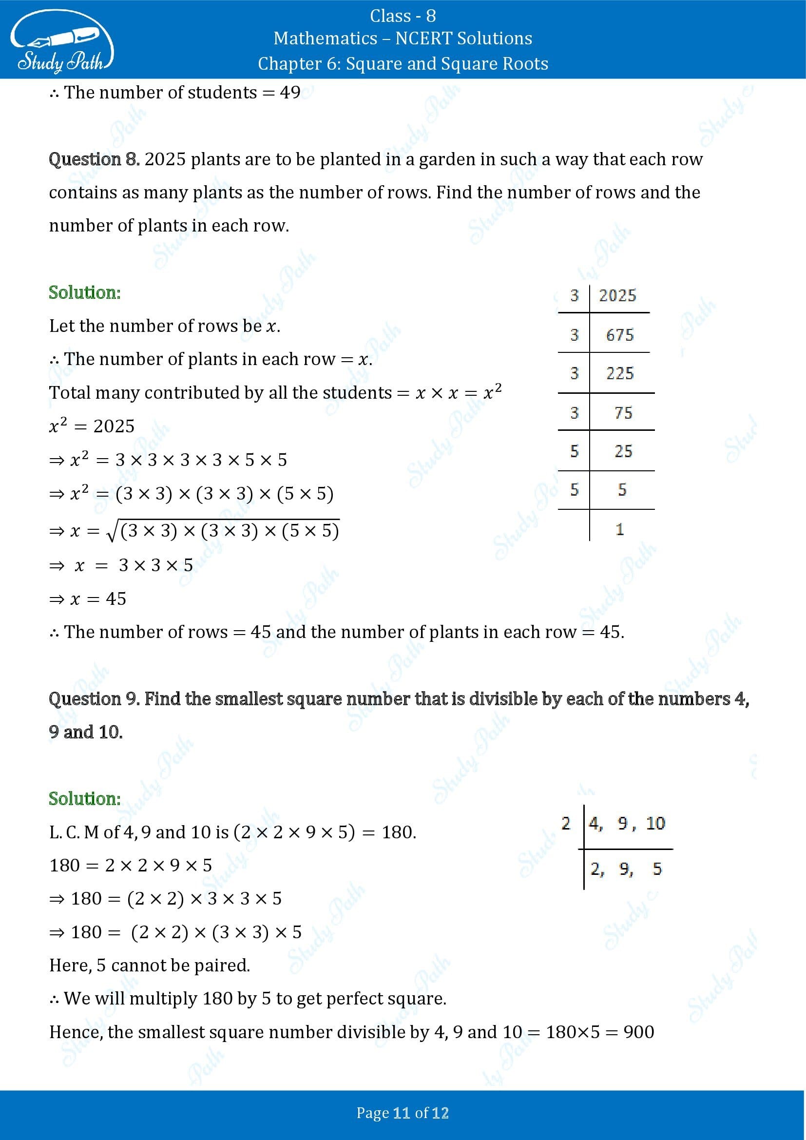 NCERT Solutions for Class 8 Maths Chapter 6 Square and Square Roots Exercise 6.3 00011