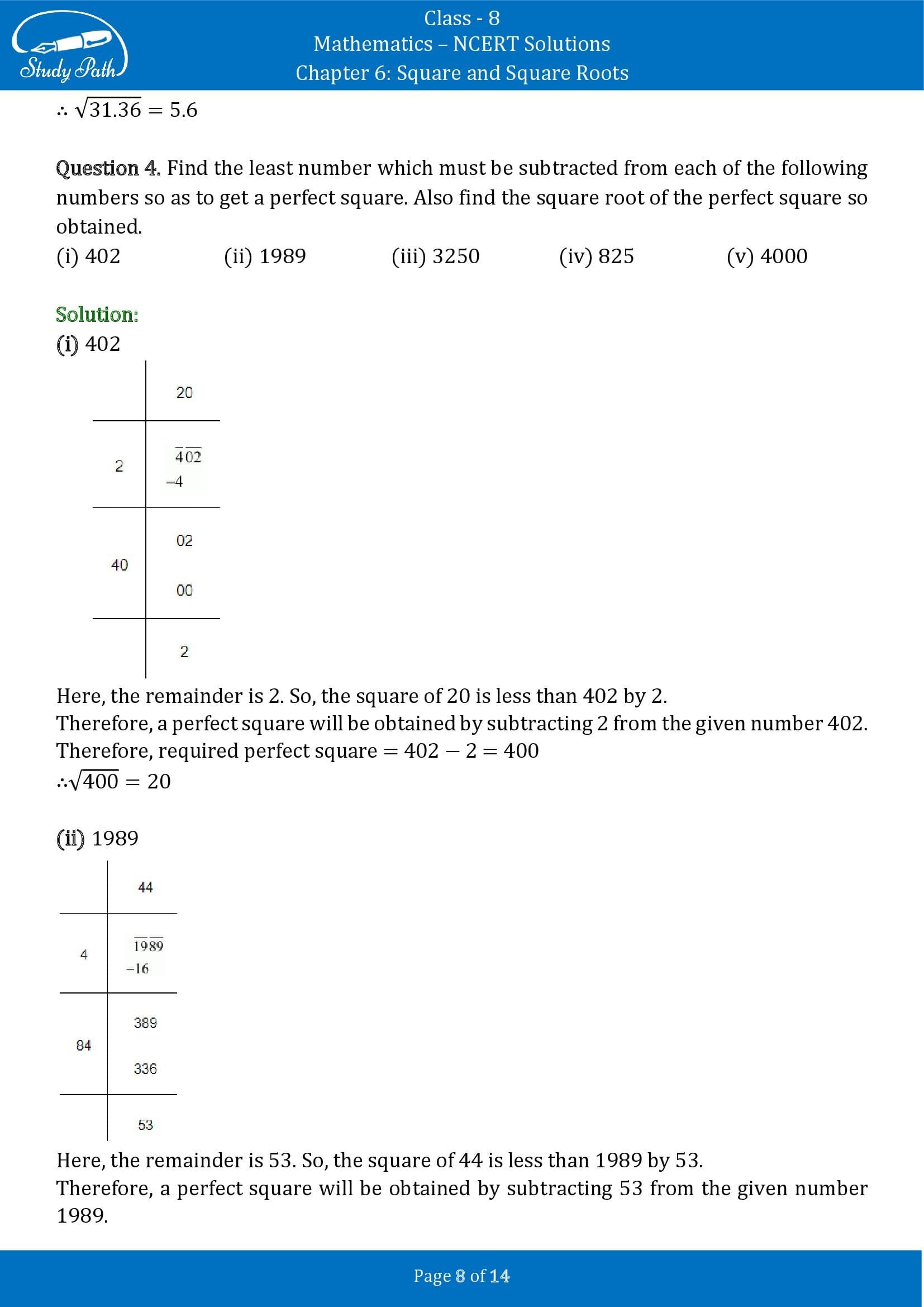 NCERT Solutions for Class 8 Maths Chapter 6 Square and Square Roots Exercise 6.4 00008