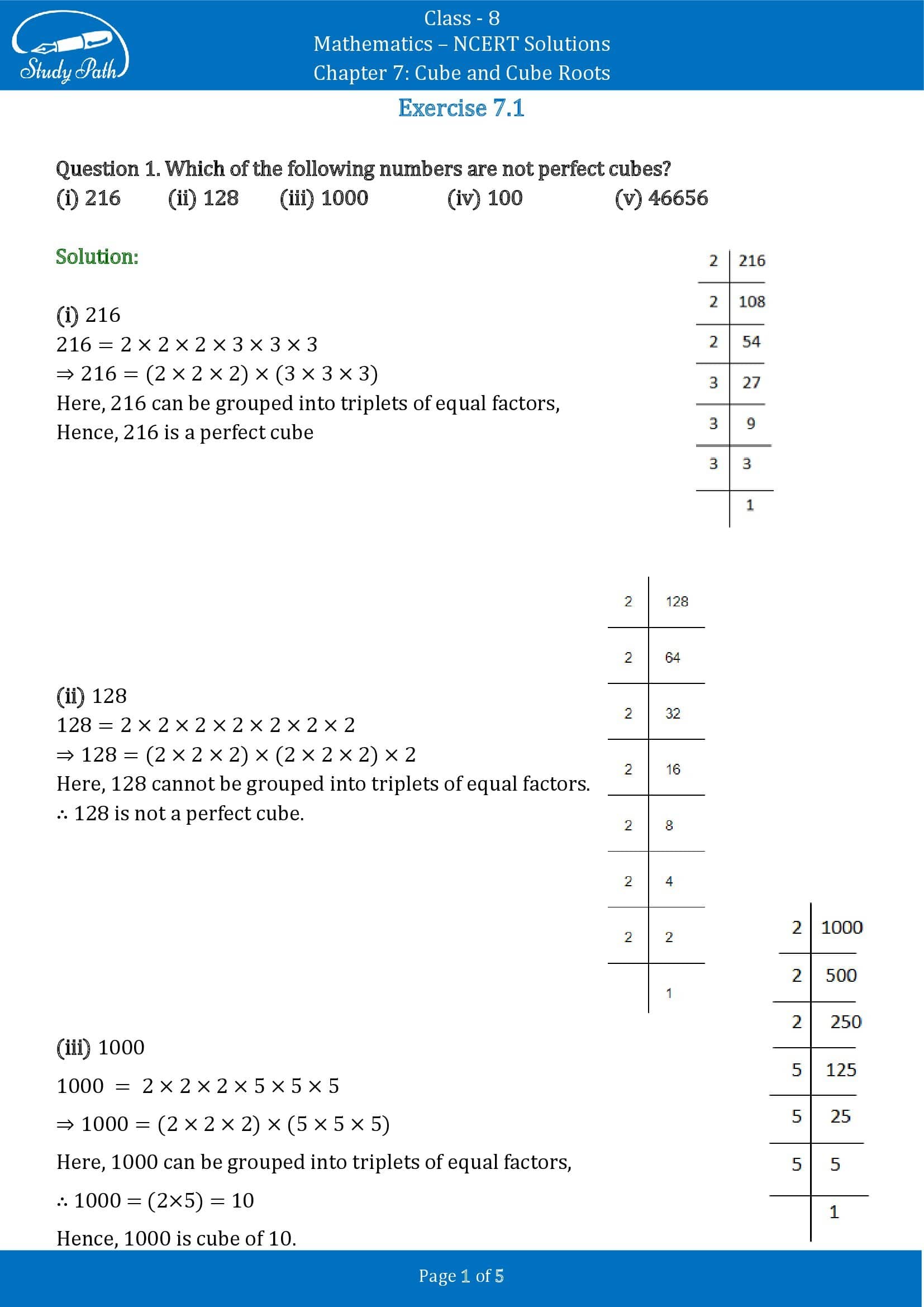 NCERT Solutions for Class 8 Maths Chapter 7 Cube and Cube Roots Exercise 7.1 00001