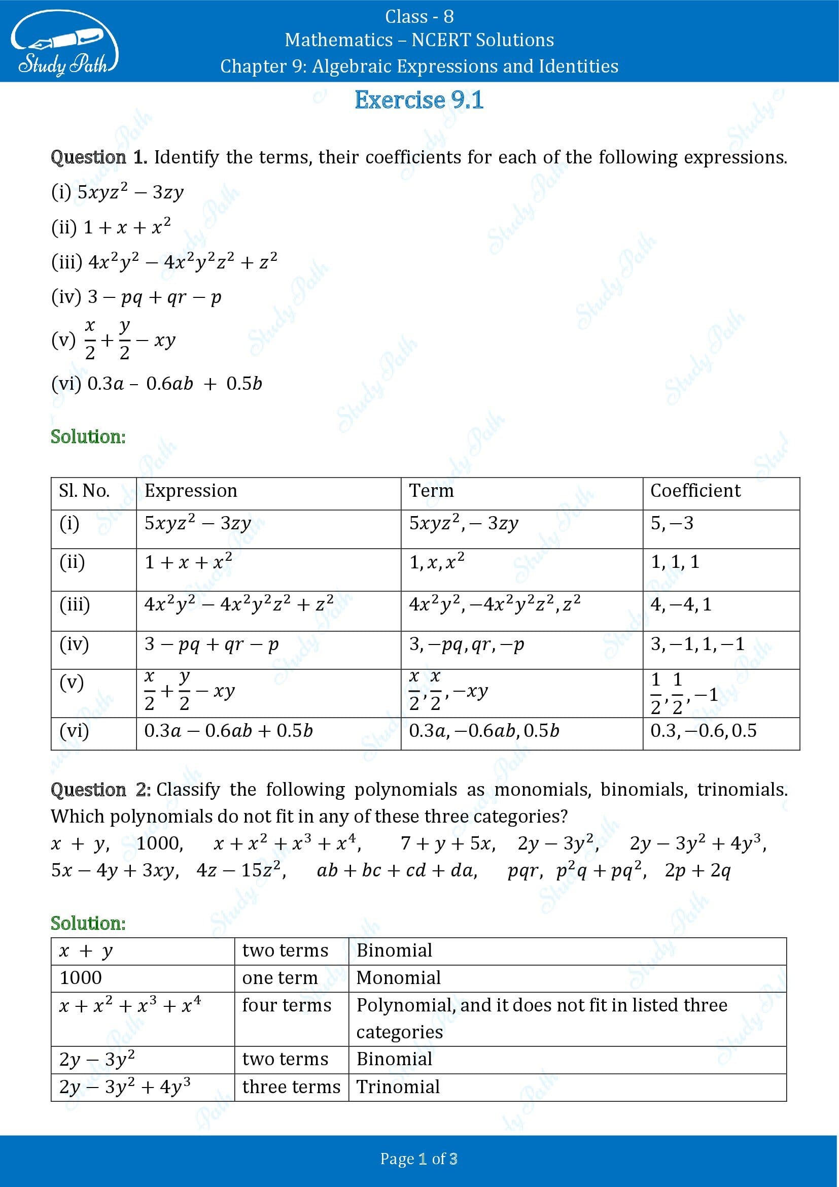 NCERT Solutions for Class 8 Maths Chapter 9 Algebraic Expressions and Identities Exercise 9.1 00001