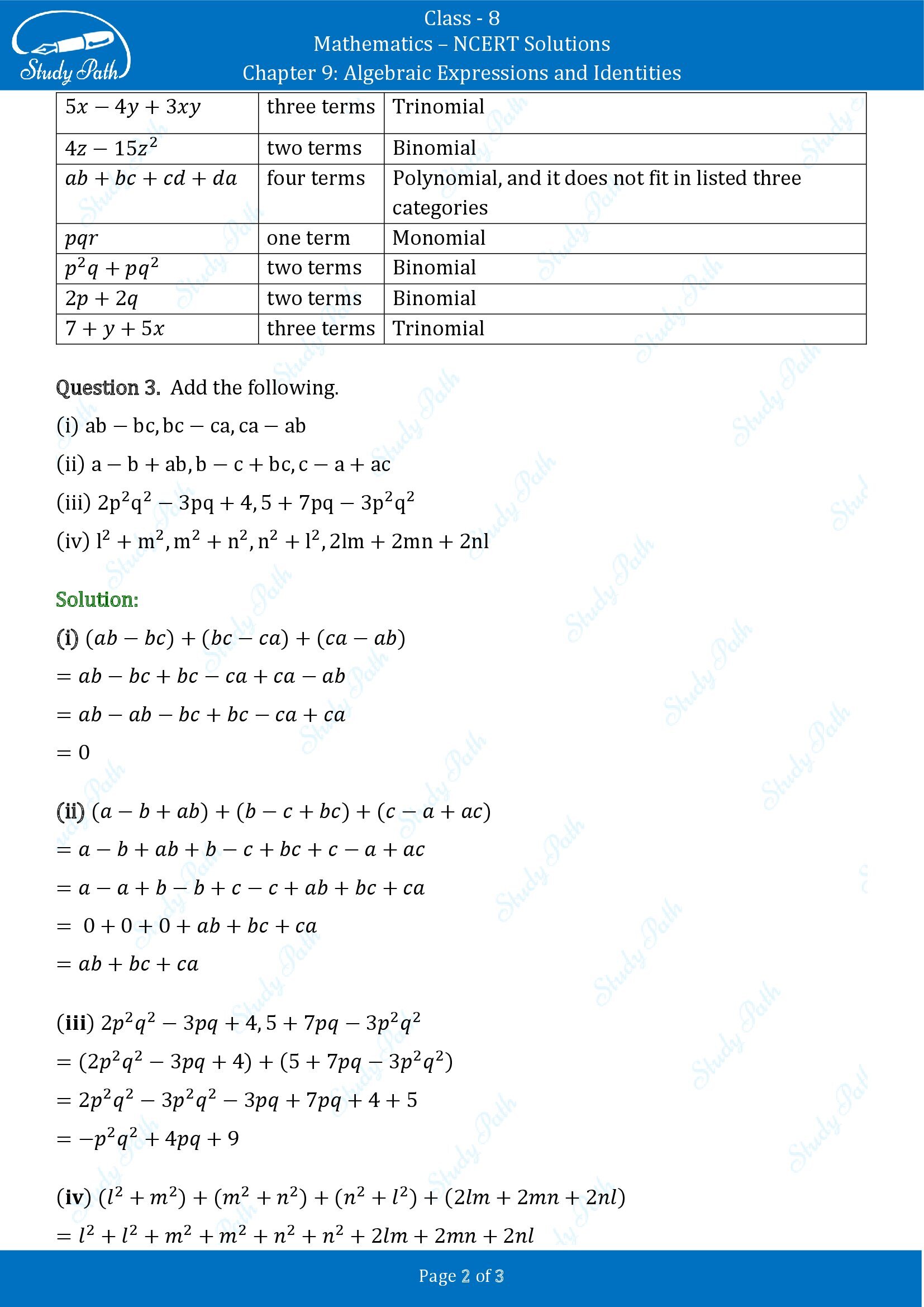NCERT Solutions for Class 8 Maths Chapter 9 Algebraic Expressions and Identities Exercise 9.1 00002