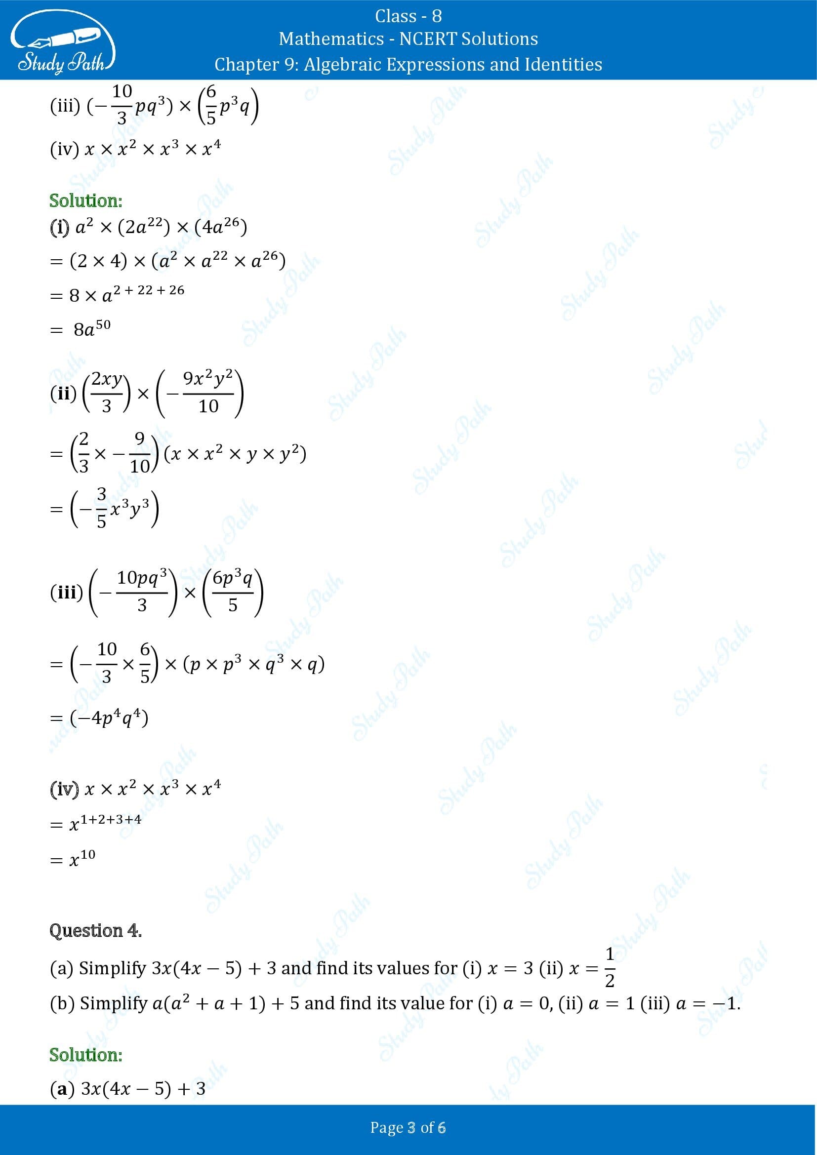 NCERT Solutions for Class 8 Maths Chapter 9 Algebraic Expressions and Identities Exercise 9.3 00003
