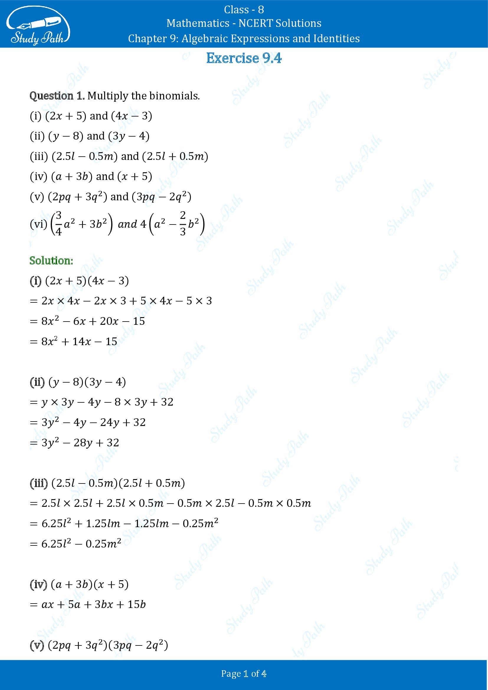 NCERT Solutions for Class 8 Maths Chapter 9 Algebraic Expressions and Identities Exercise 9.4 00001