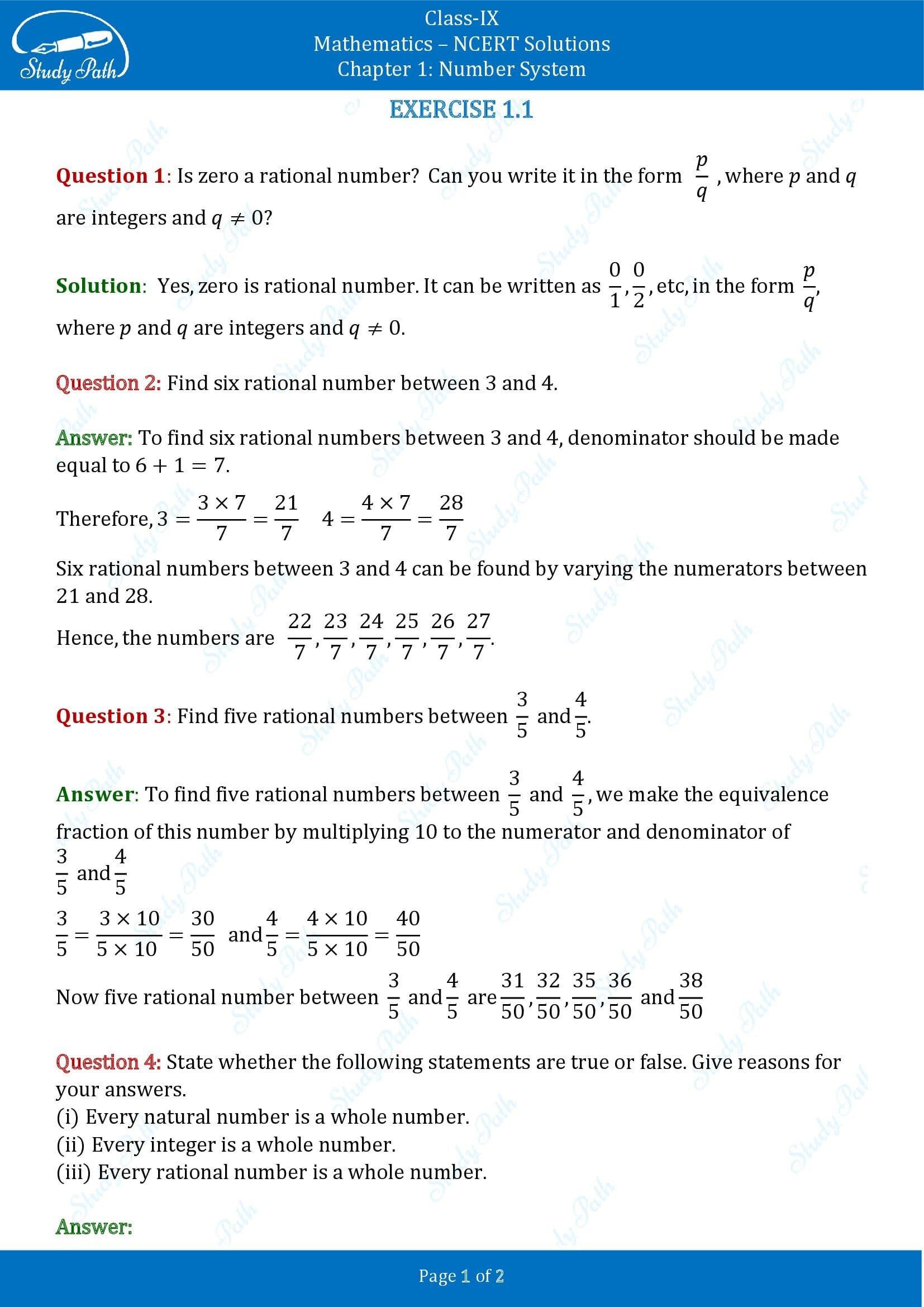NCERT Solutions for Class 9 Maths Chapter 1 Number System Exercise 1.1 00001