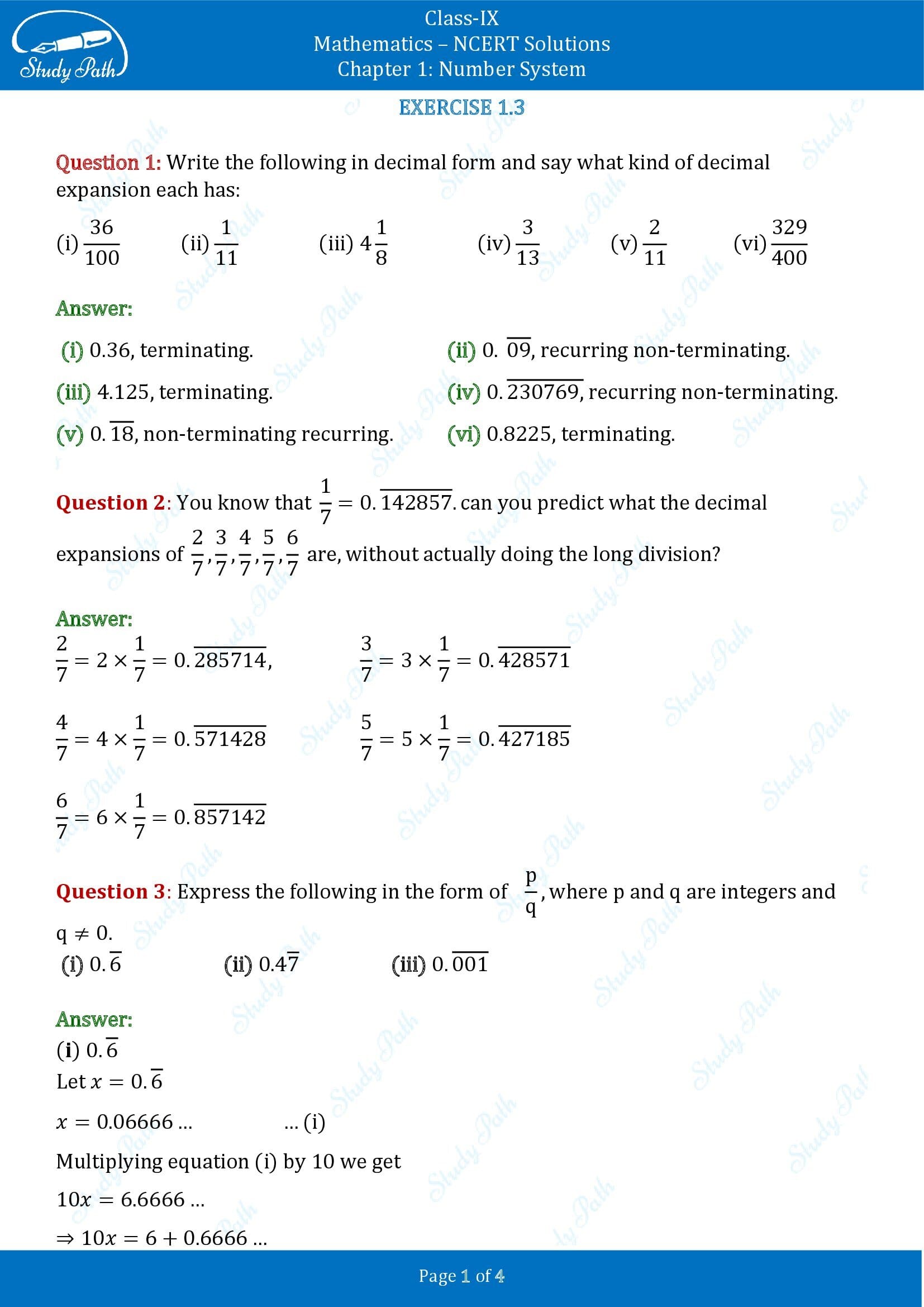 NCERT Solutions for Class 9 Maths Chapter 1 Number System Exercise 1.3 00001