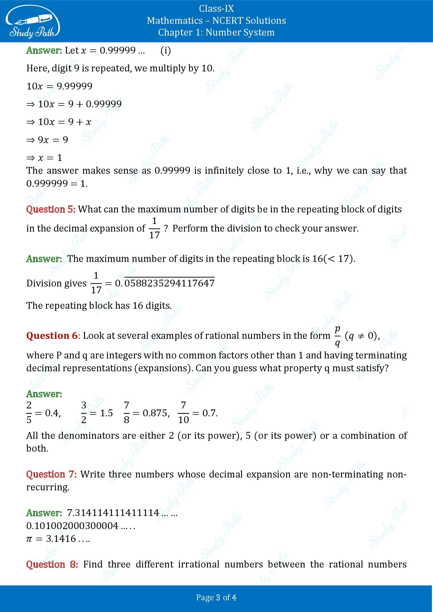 NCERT Solutions for Class 9 Maths Chapter 1 Number System Exercise 1.3 00003