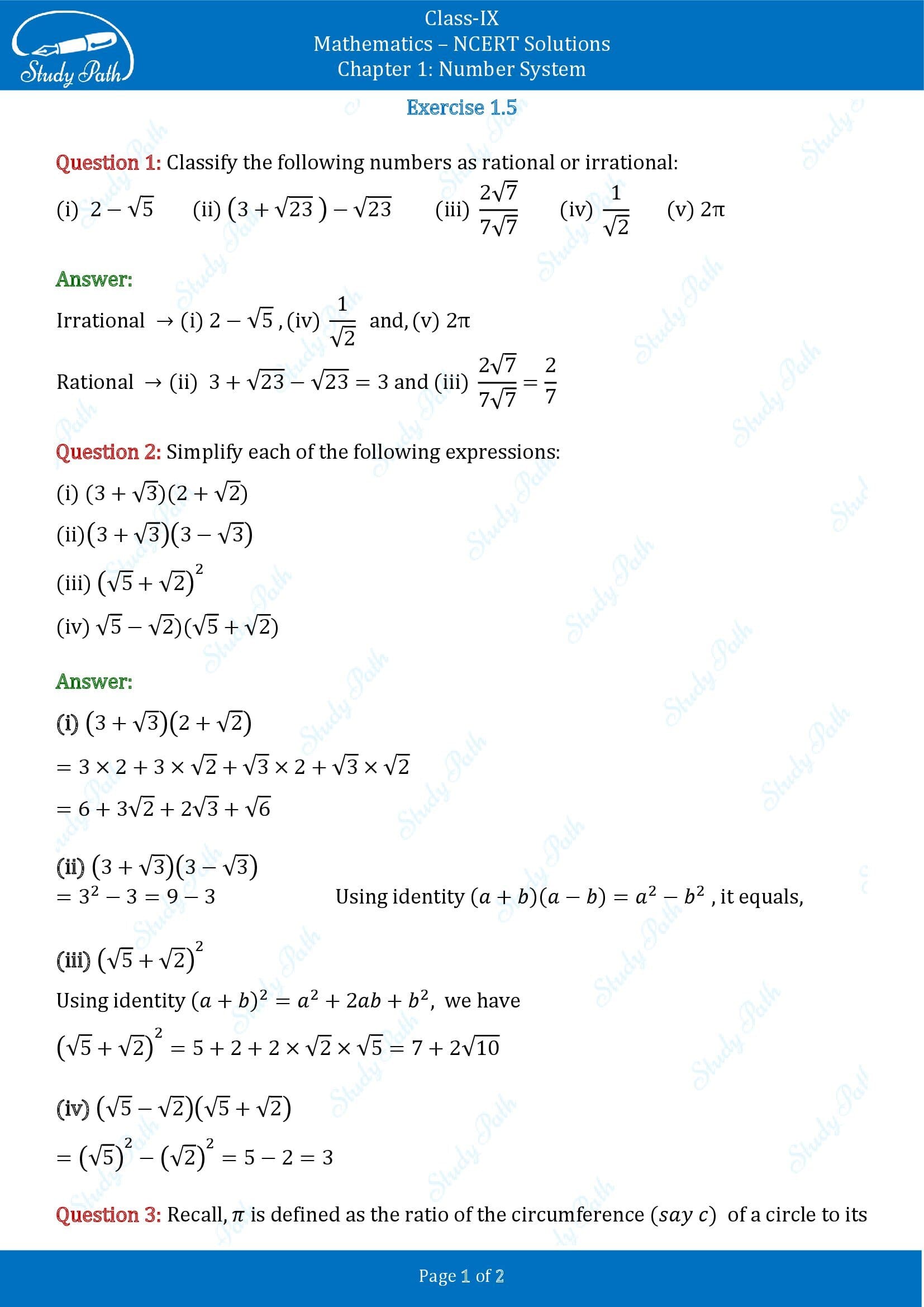 NCERT Solutions for Class 9 Maths Chapter 1 Number System Exercise 1.5 00001