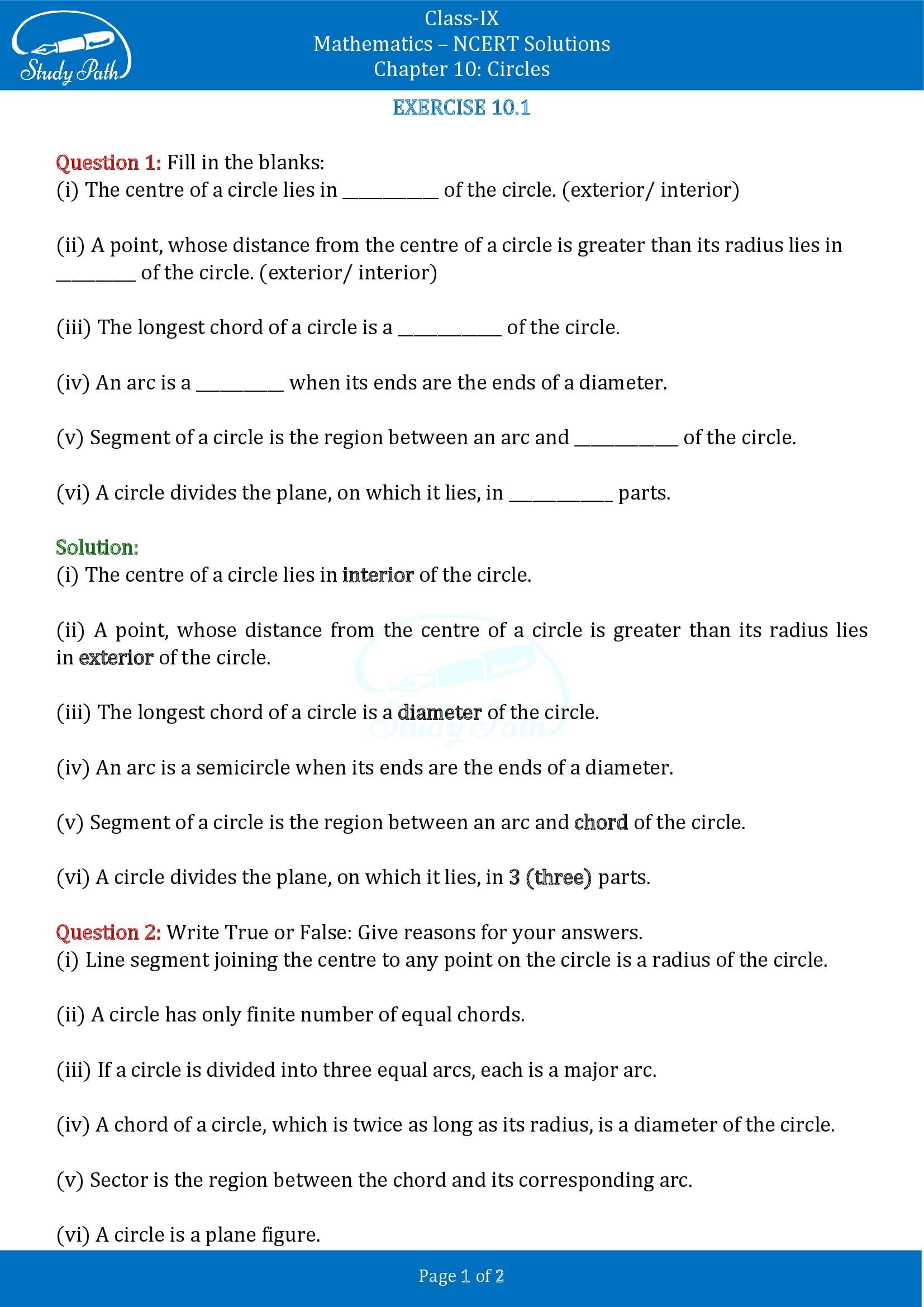 NCERT Solutions for Class 9 Maths Chapter 10 Circles Exercise 10.1 00001