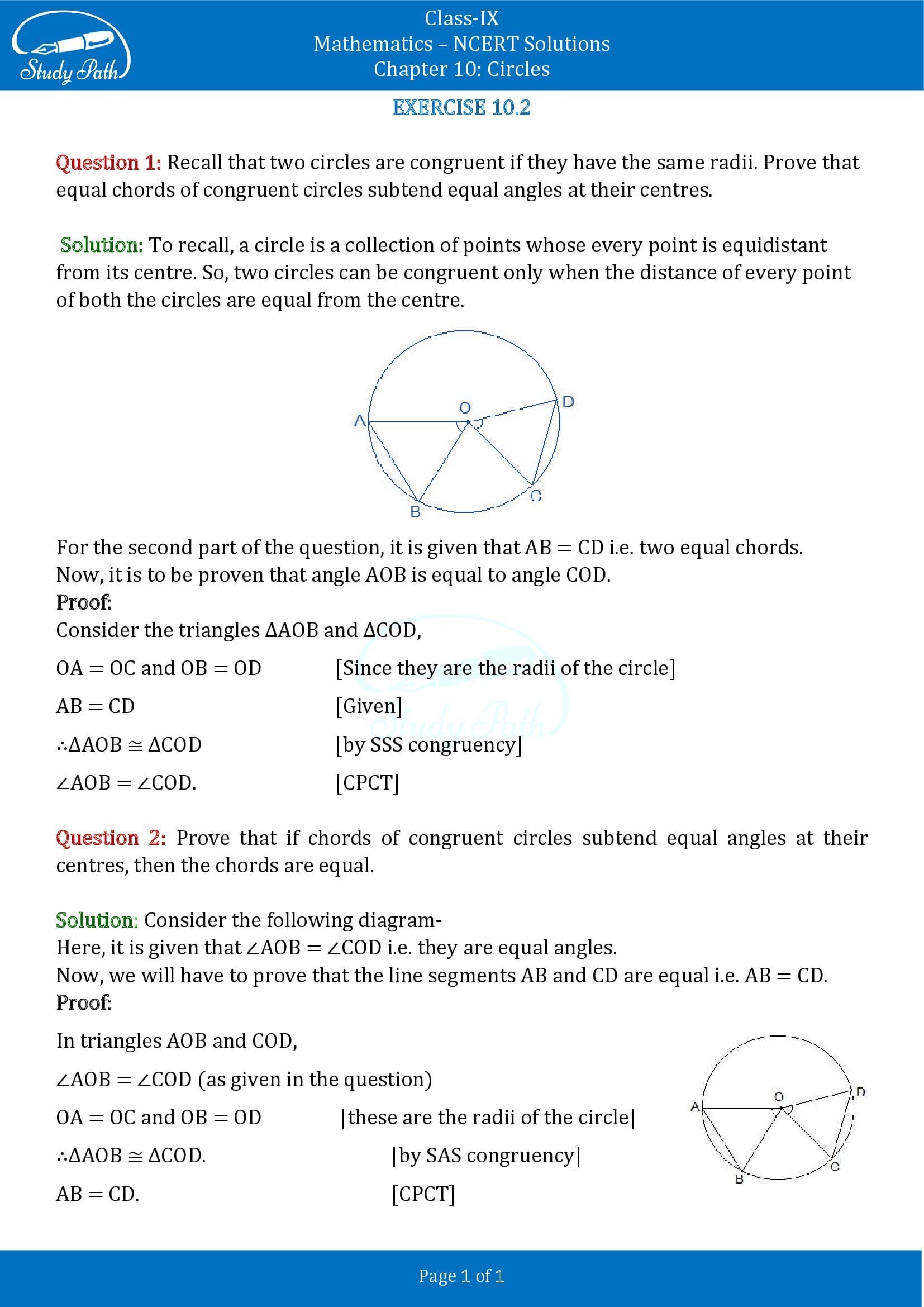 NCERT Solutions for Class 9 Maths Chapter 10 Circles Exercise 10.2