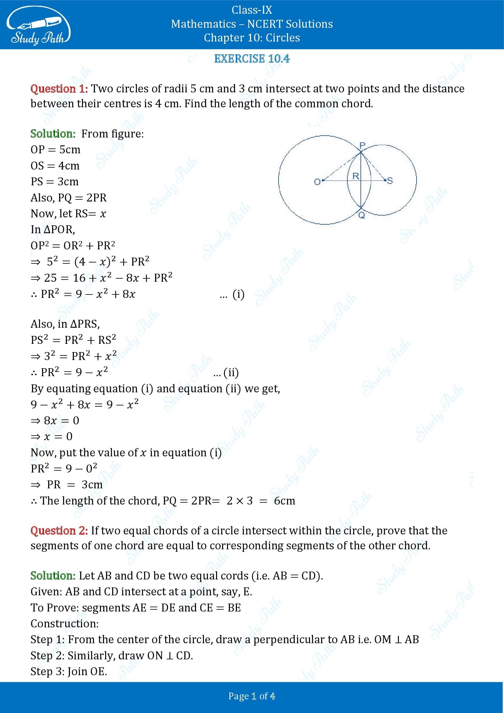 NCERT Solutions for Class 9 Maths Chapter 10 Circles Exercise 10.4 00001