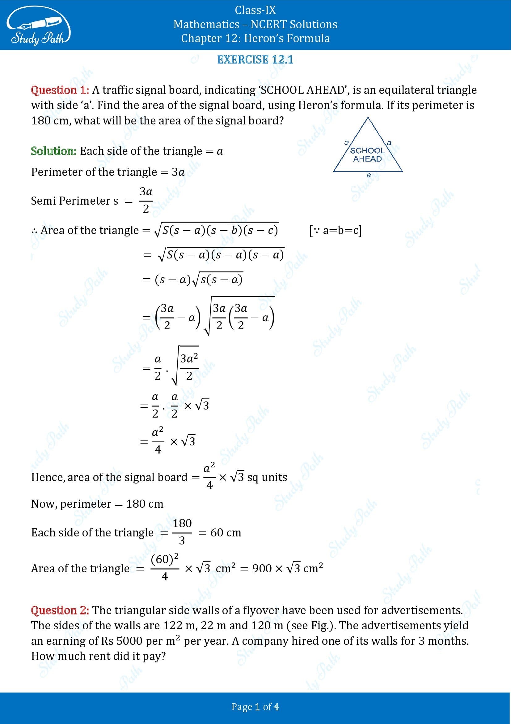 NCERT Solutions for Class 9 Maths Chapter 12 Herons Formula Exercise 12.1 00001
