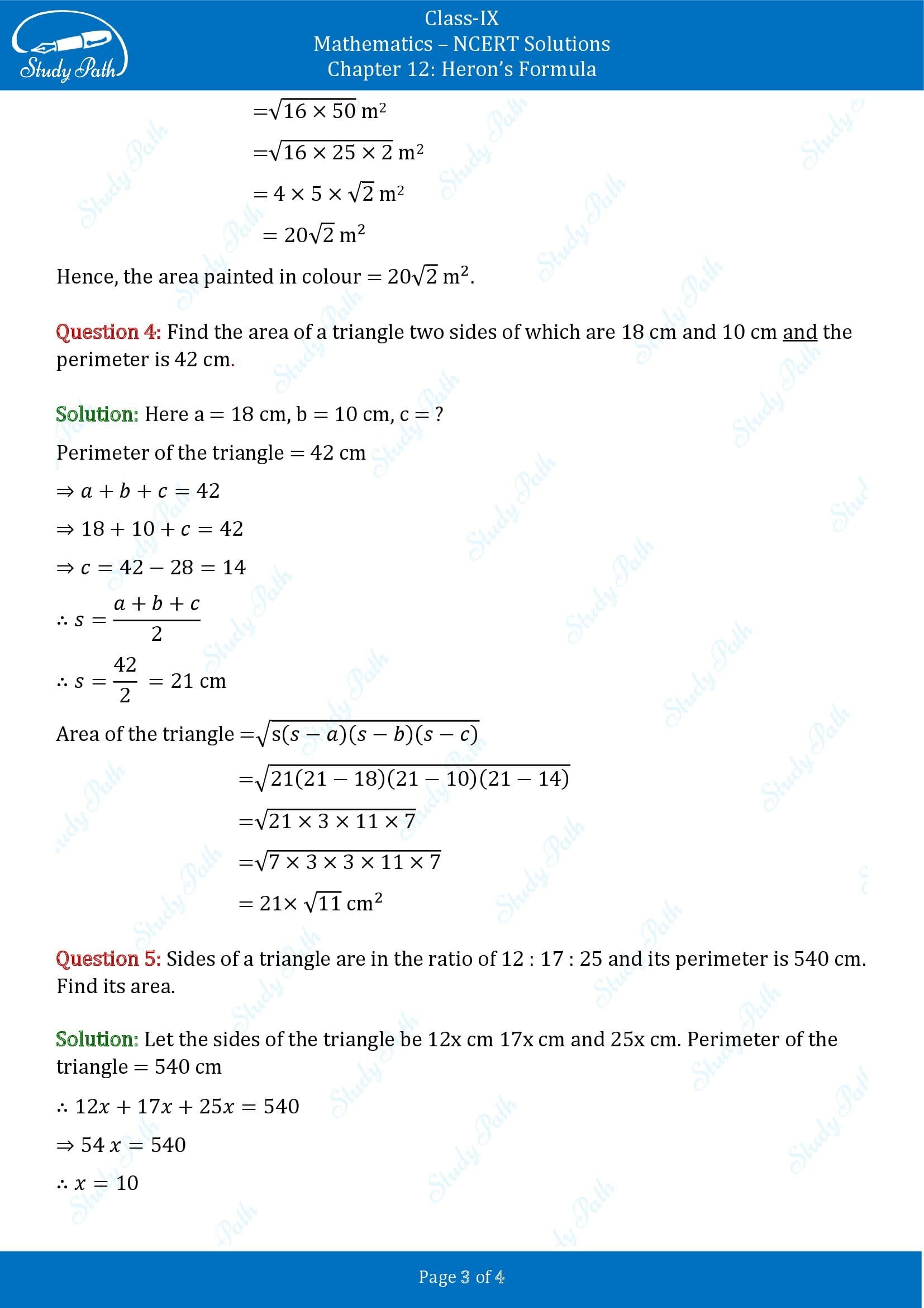 NCERT Solutions for Class 9 Maths Chapter 12 Herons Formula Exercise 12.1 00003