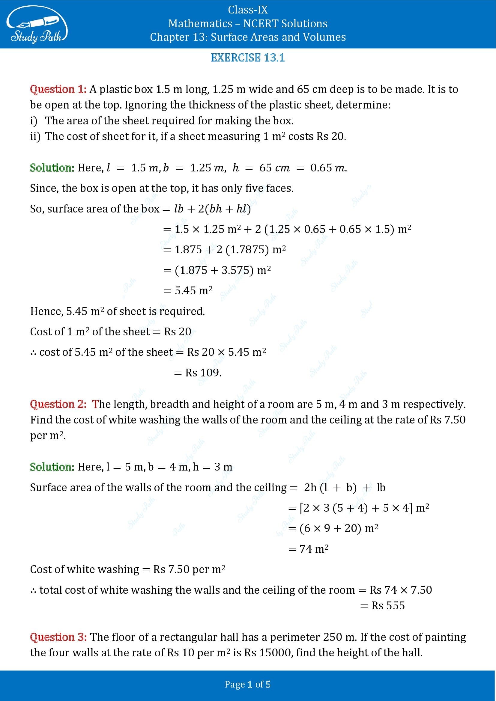 NCERT Solutions for Class 9 Maths Chapter 13 Surface Areas and Volumes Exercise 13.1 00001