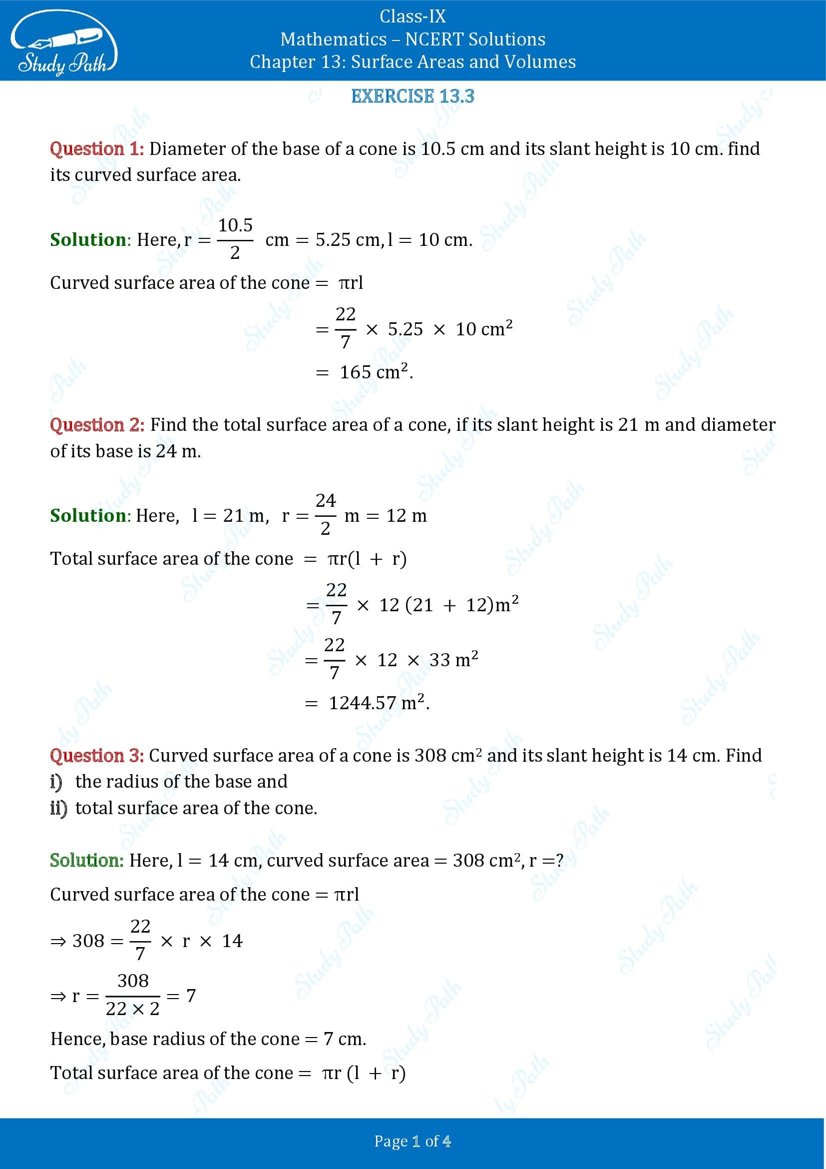 NCERT Solutions for Class 9 Maths Chapter 13 Surface Areas and Volumes Exercise 13.3 00001
