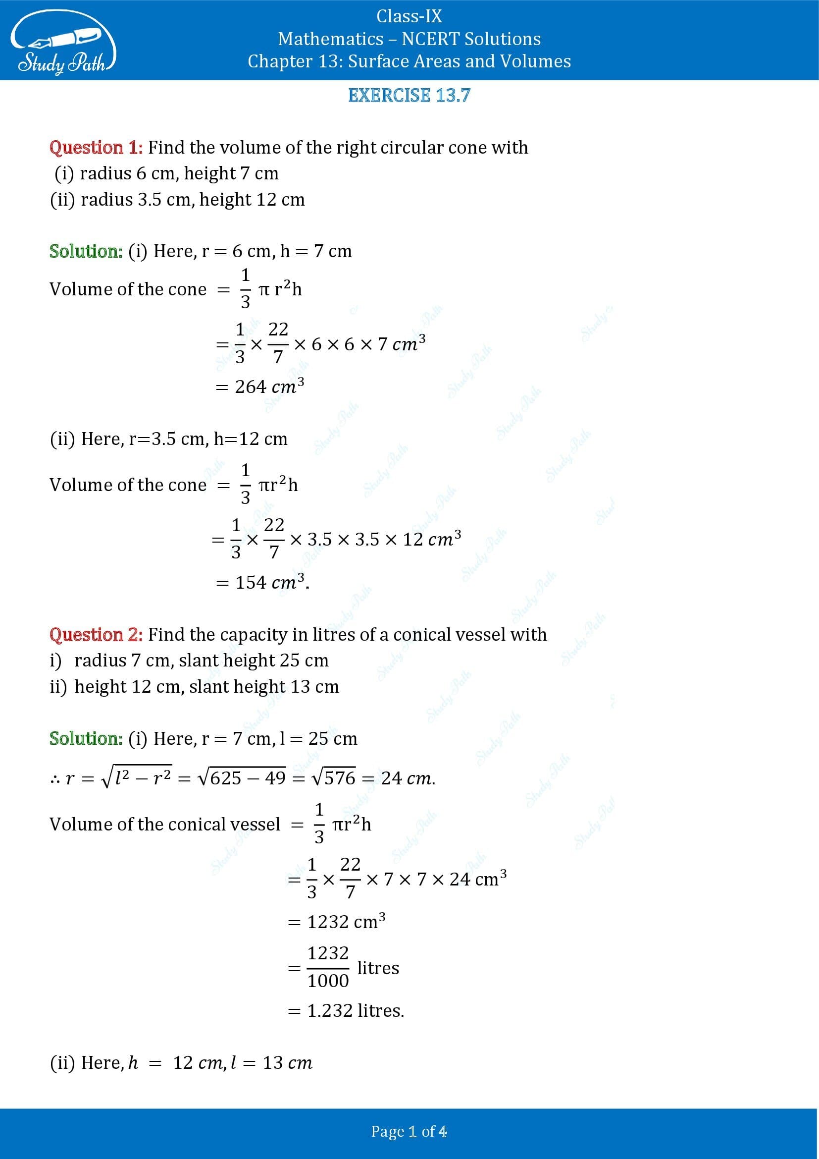 NCERT Solutions for Class 9 Maths Chapter 13 Surface Areas and Volumes Exercise 13.7 00001