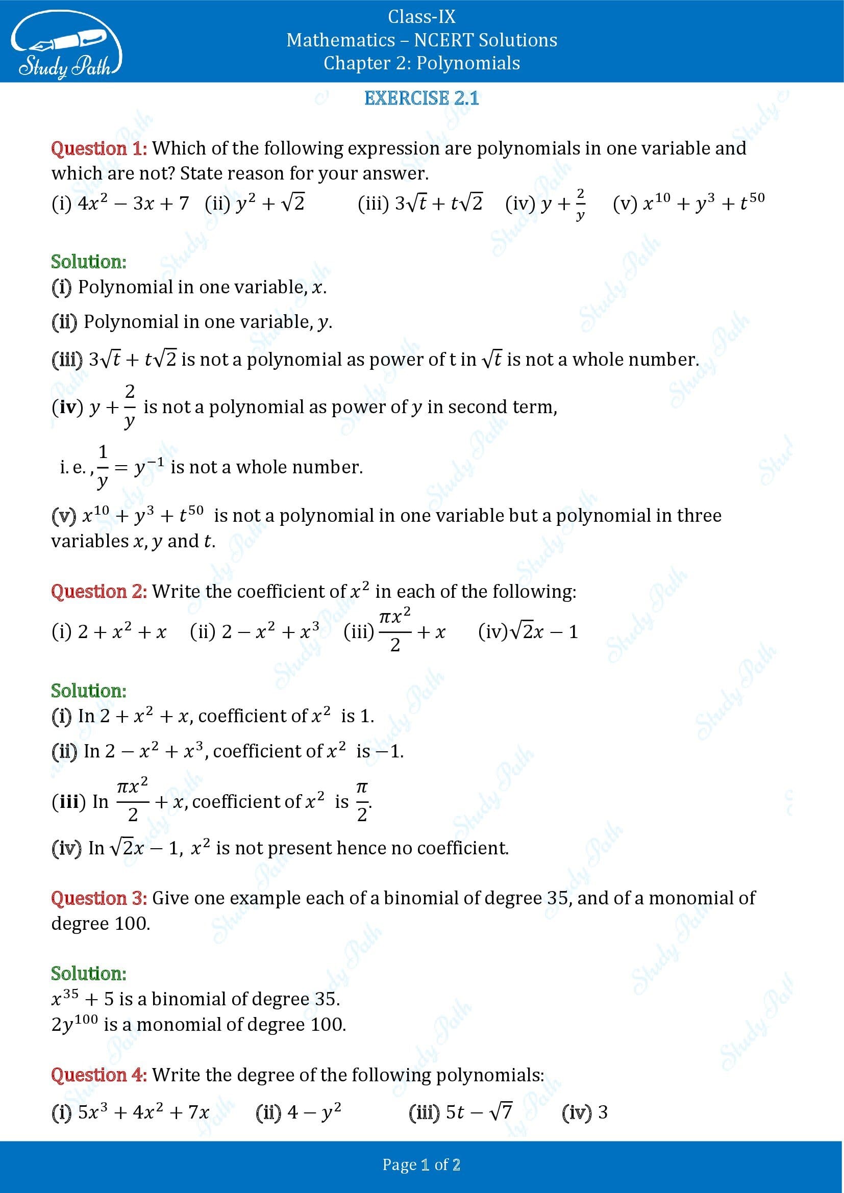 NCERT Solutions for Class 9 Maths Chapter 2 Polynomials Exercise 2.1 00001