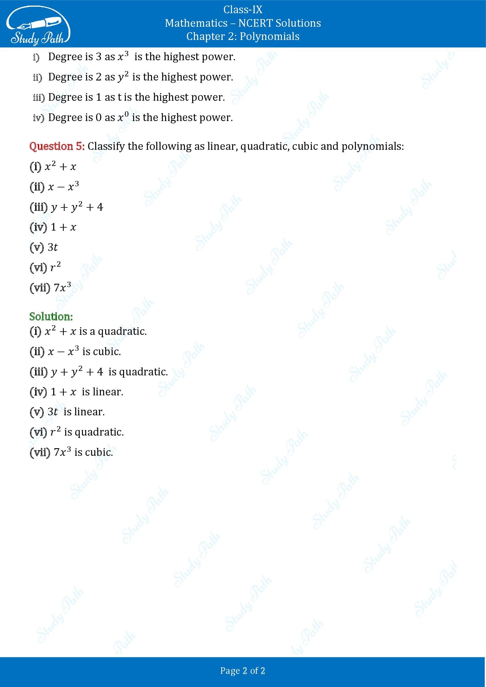 NCERT Solutions for Class 9 Maths Chapter 2 Polynomials Exercise 2.1 00002