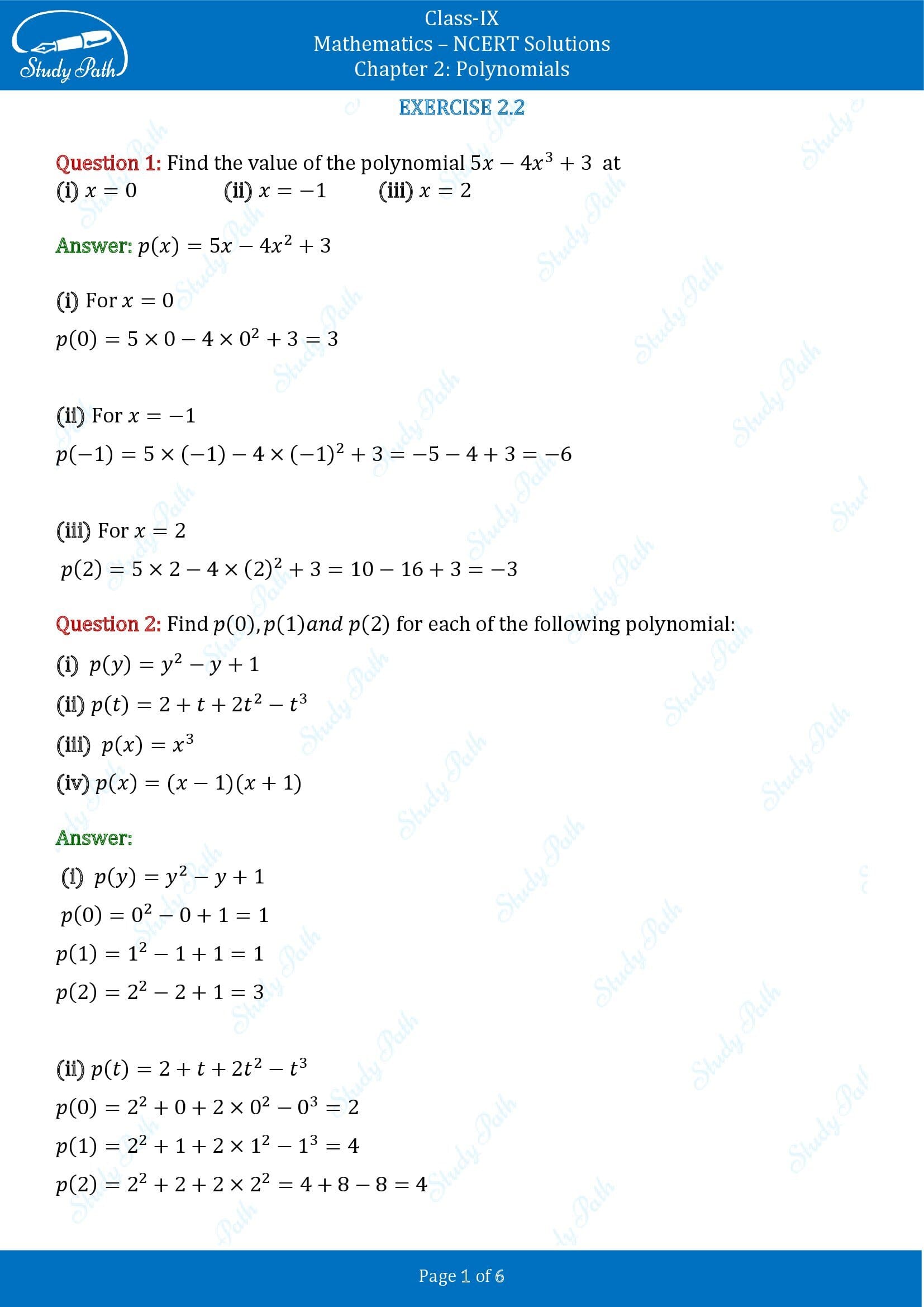 NCERT Solutions for Class 9 Maths Chapter 2 Polynomials Exercise 2.2 00001