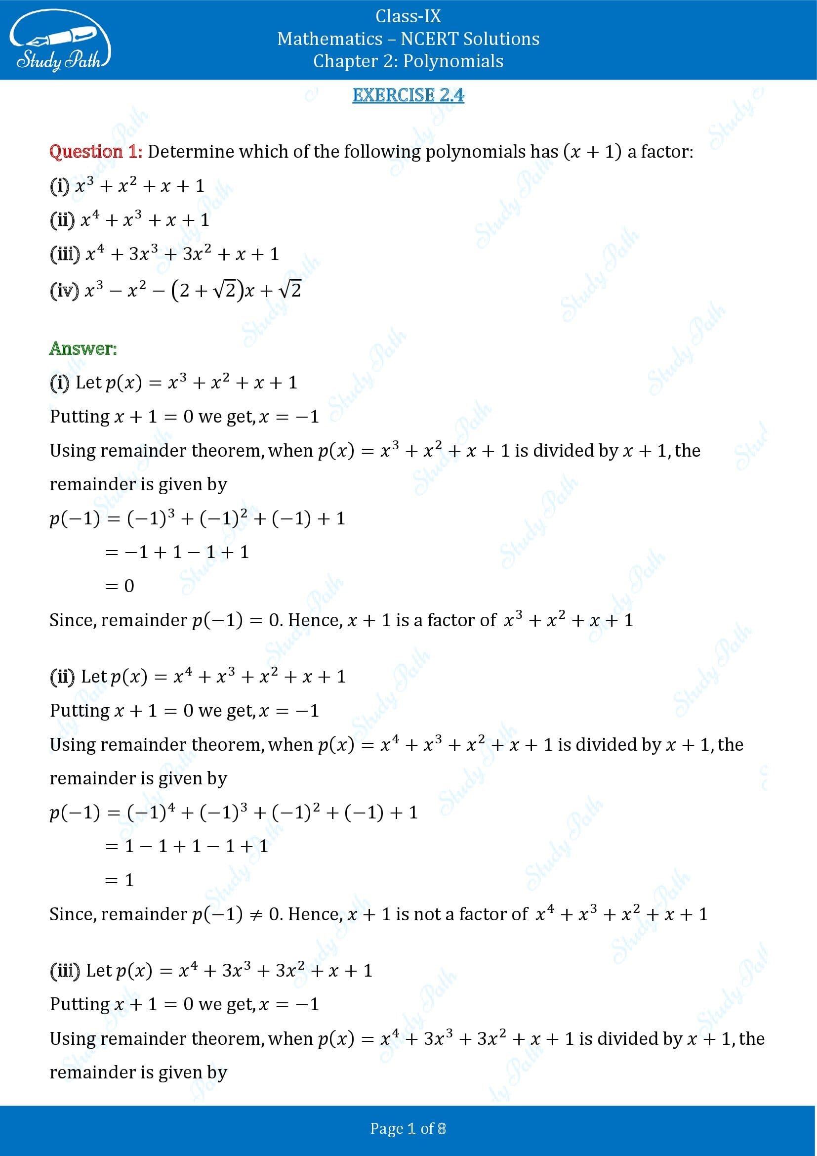 NCERT Solutions for Class 9 Maths Chapter 2 Polynomials Exercise 2.4 00001