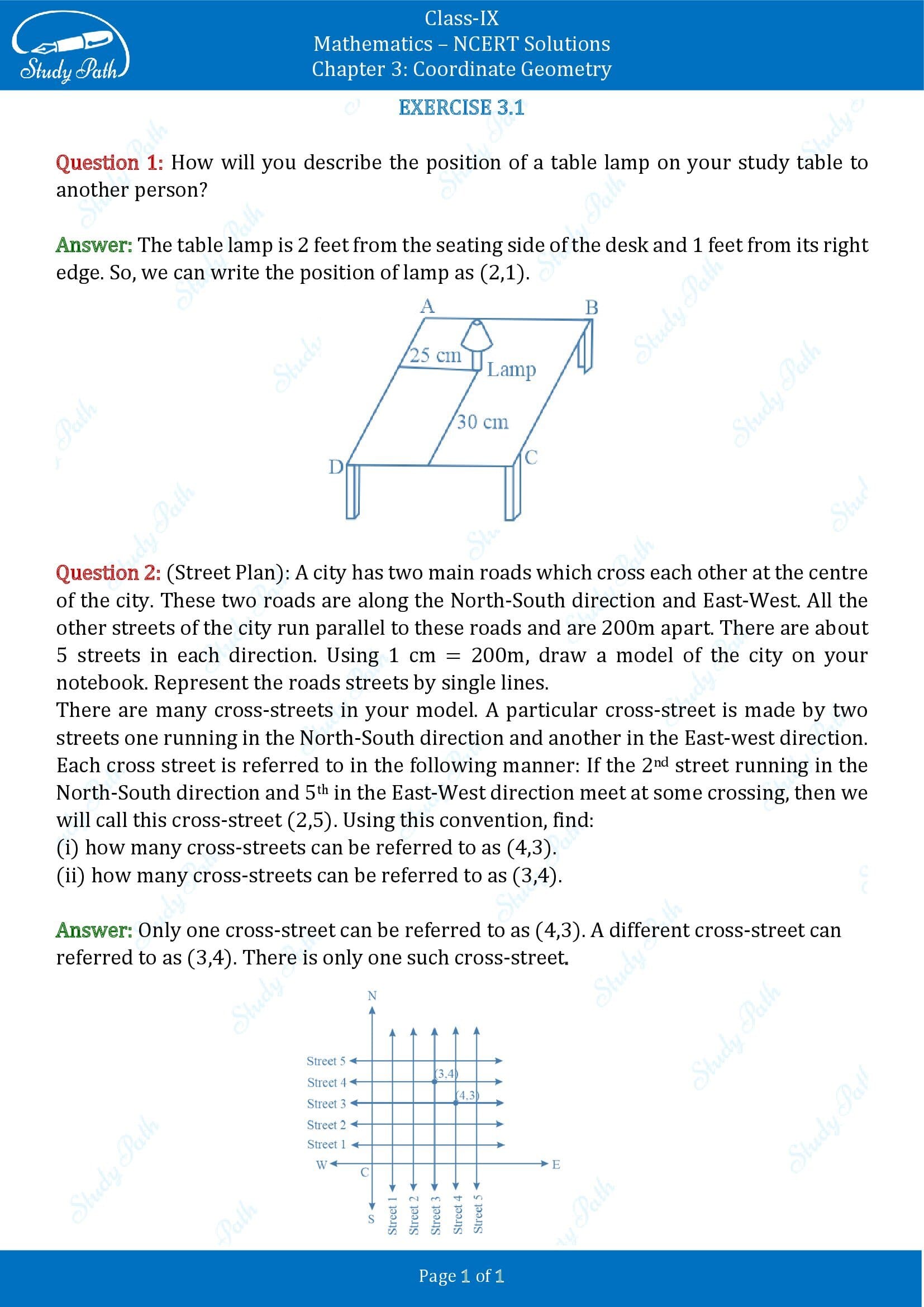NCERT Solutions for Class 9 Maths Chapter 3 Corrdinate Geometry Exercise 3.1