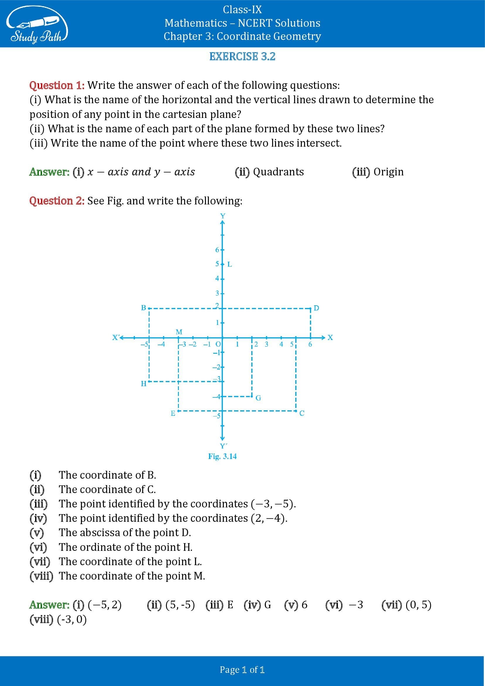NCERT Solutions for Class 9 Maths Chapter 3 Corrdinate Geometry Exercise 3.2
