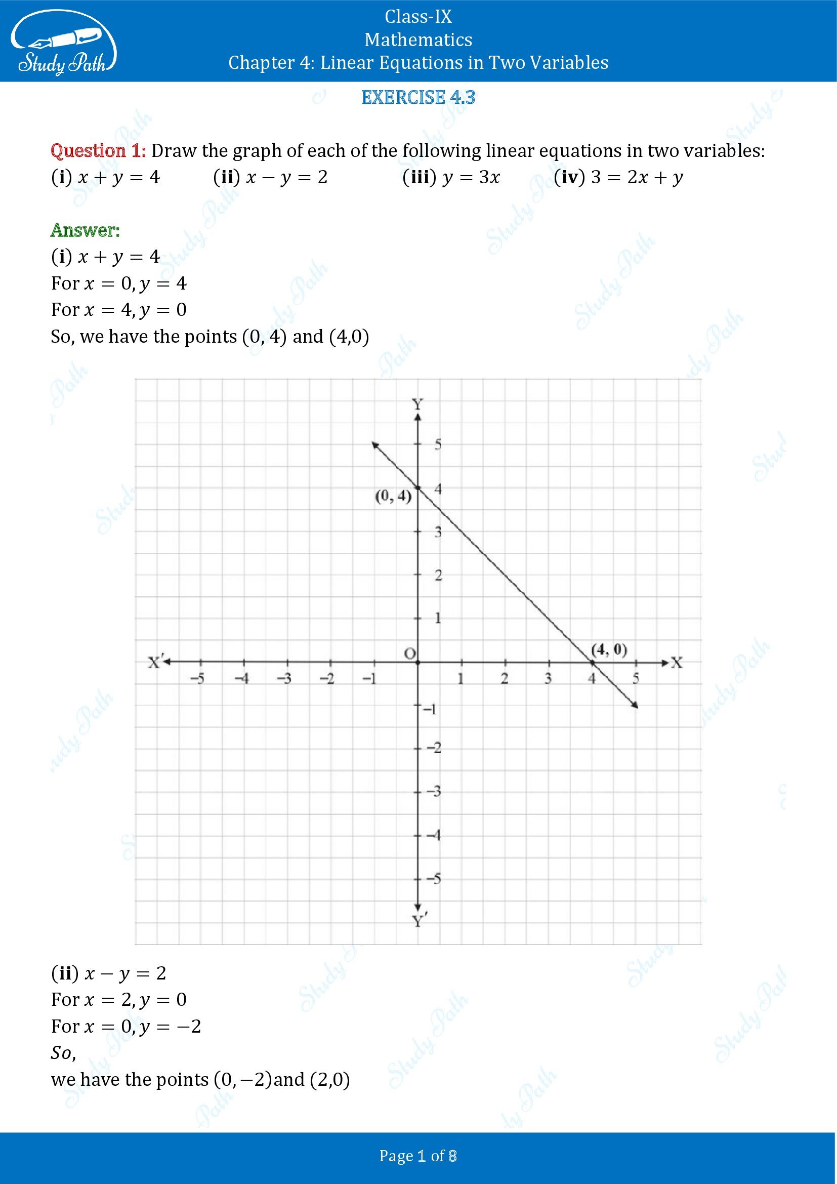 NCERT Solutions for Class 9 Maths Chapter 4 Linear Equations in Two Variables Exercise 4.3 00001