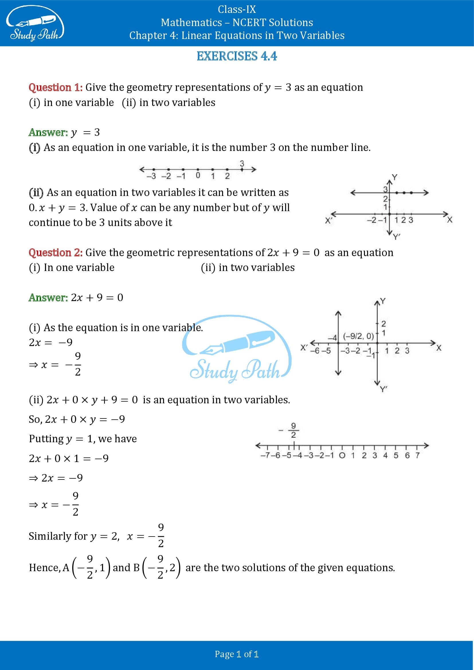 NCERT Solutions for Class 9 Maths Chapter 4 Linear Equations in Two Variables Exercise 4.4