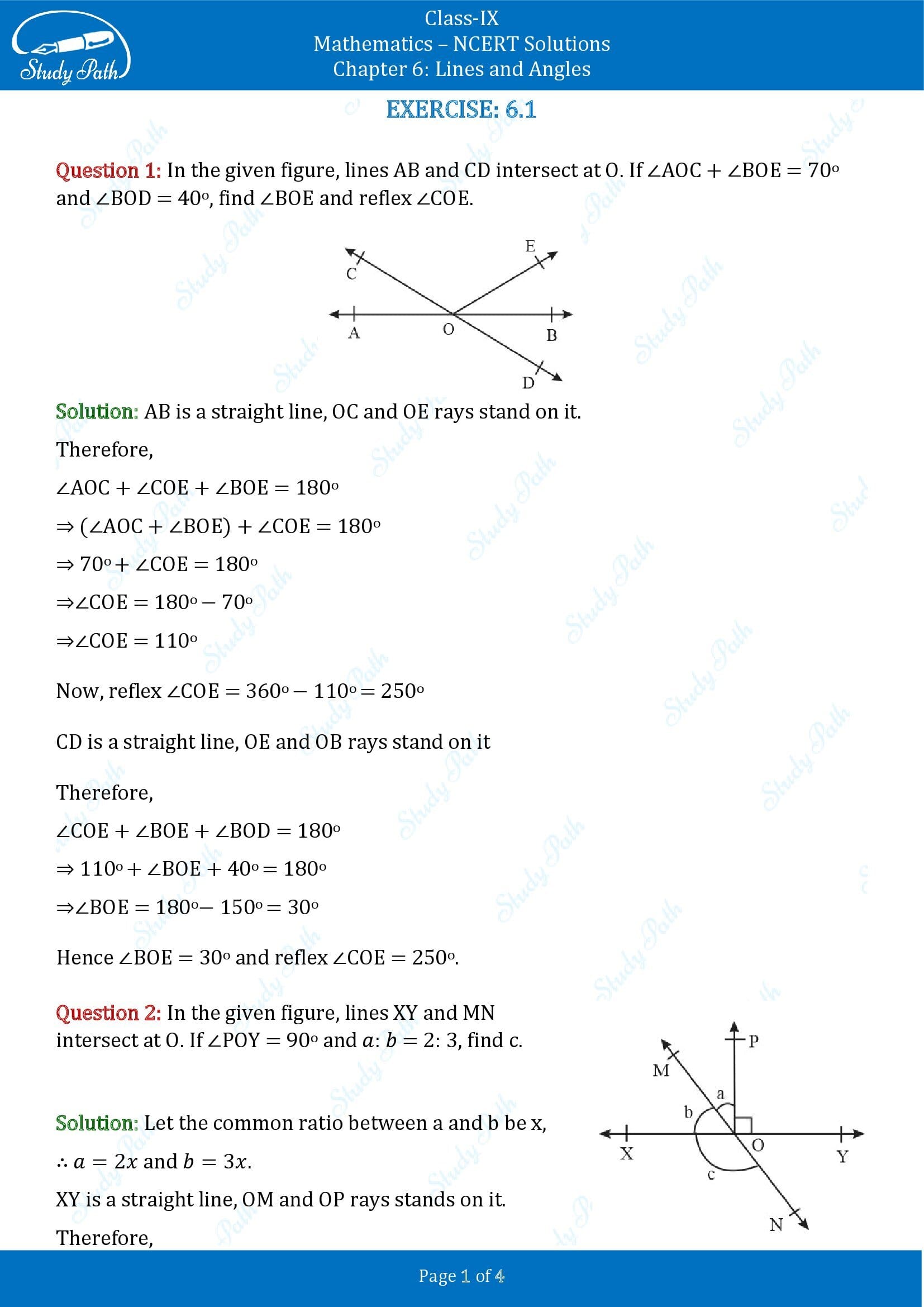 NCERT Solutions for Class 9 Maths Chapter 6 Lines and Angles Exercise 6.1 00001