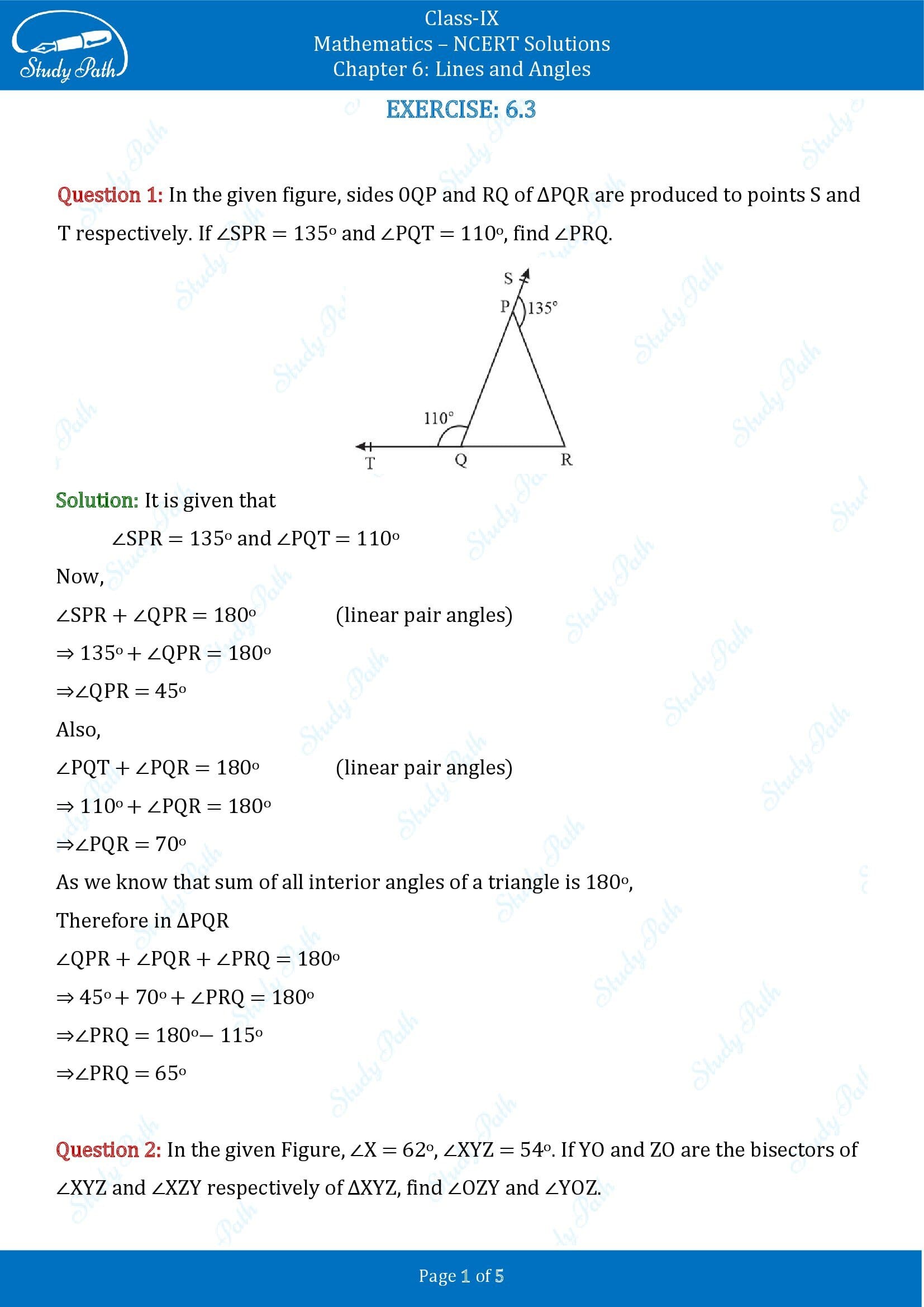 NCERT Solutions for Class 9 Maths Chapter 6 Lines and Angles Exercise 6.3 00001