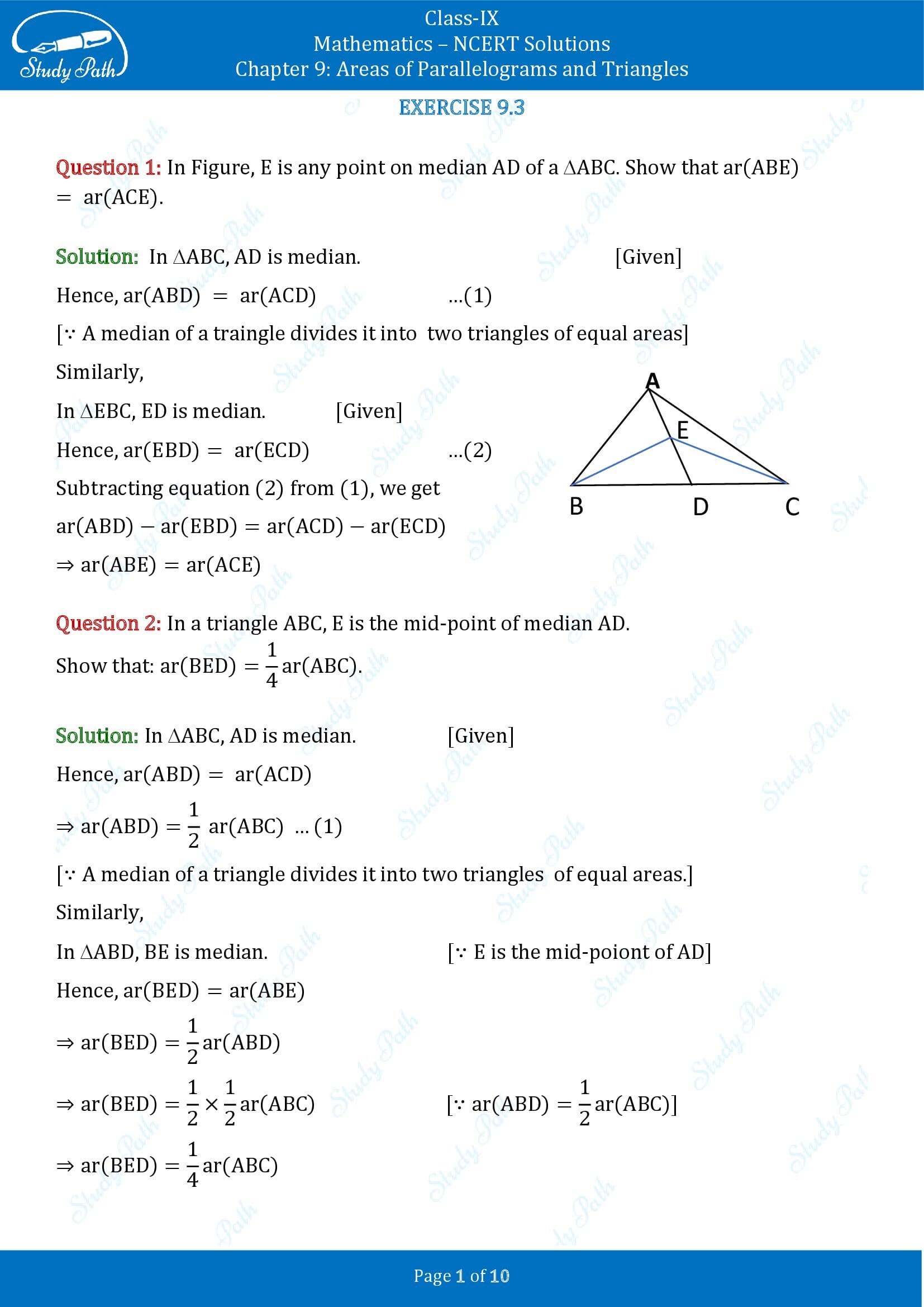 NCERT Solutions for Class 9 Maths Chapter 9 Areas of Parallelograms and Triangles Exercise 9.3 00001