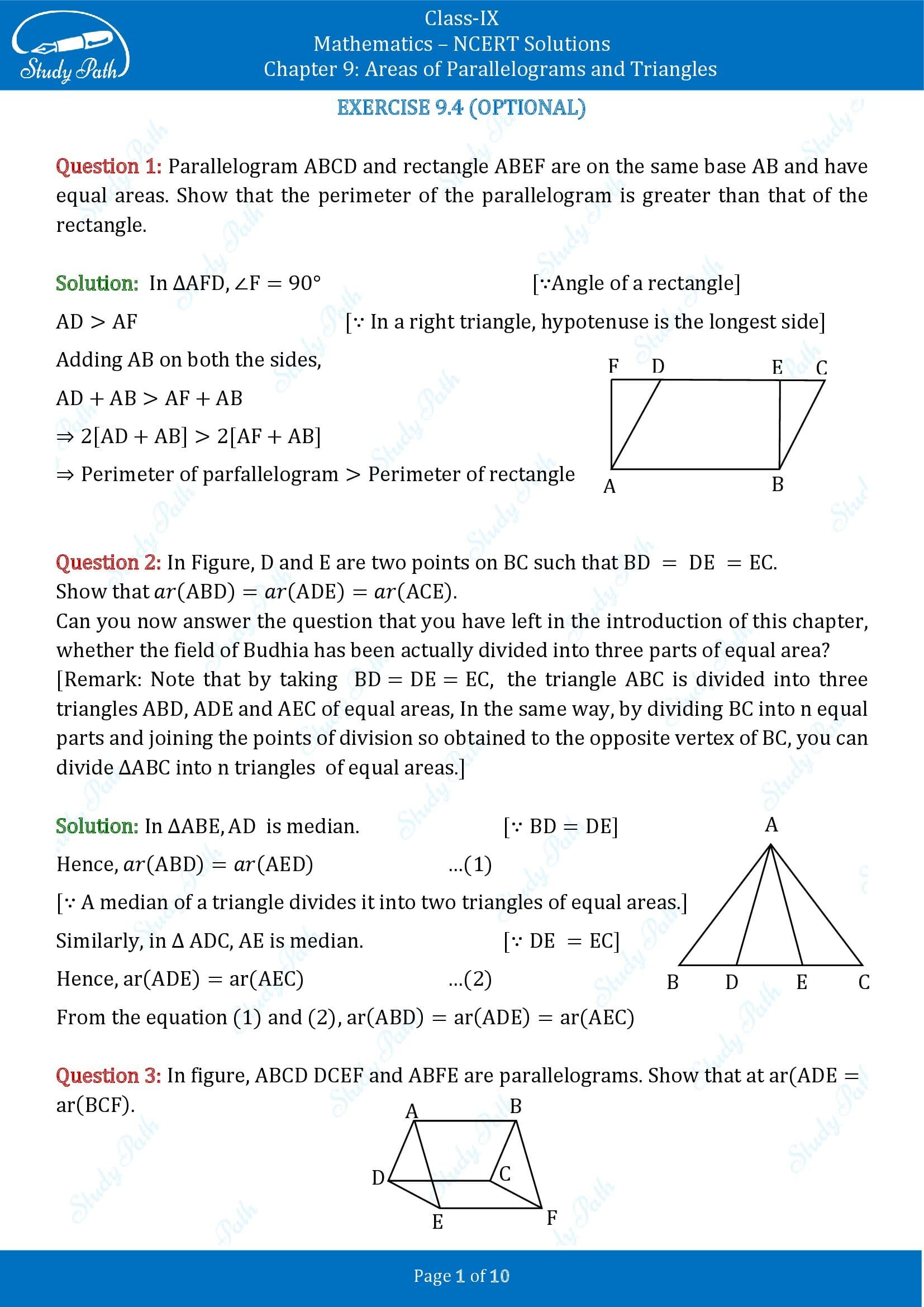 NCERT Solutions for Class 9 Maths Chapter 9 Areas of Parallelograms and Triangles Exercise 9.4 00001