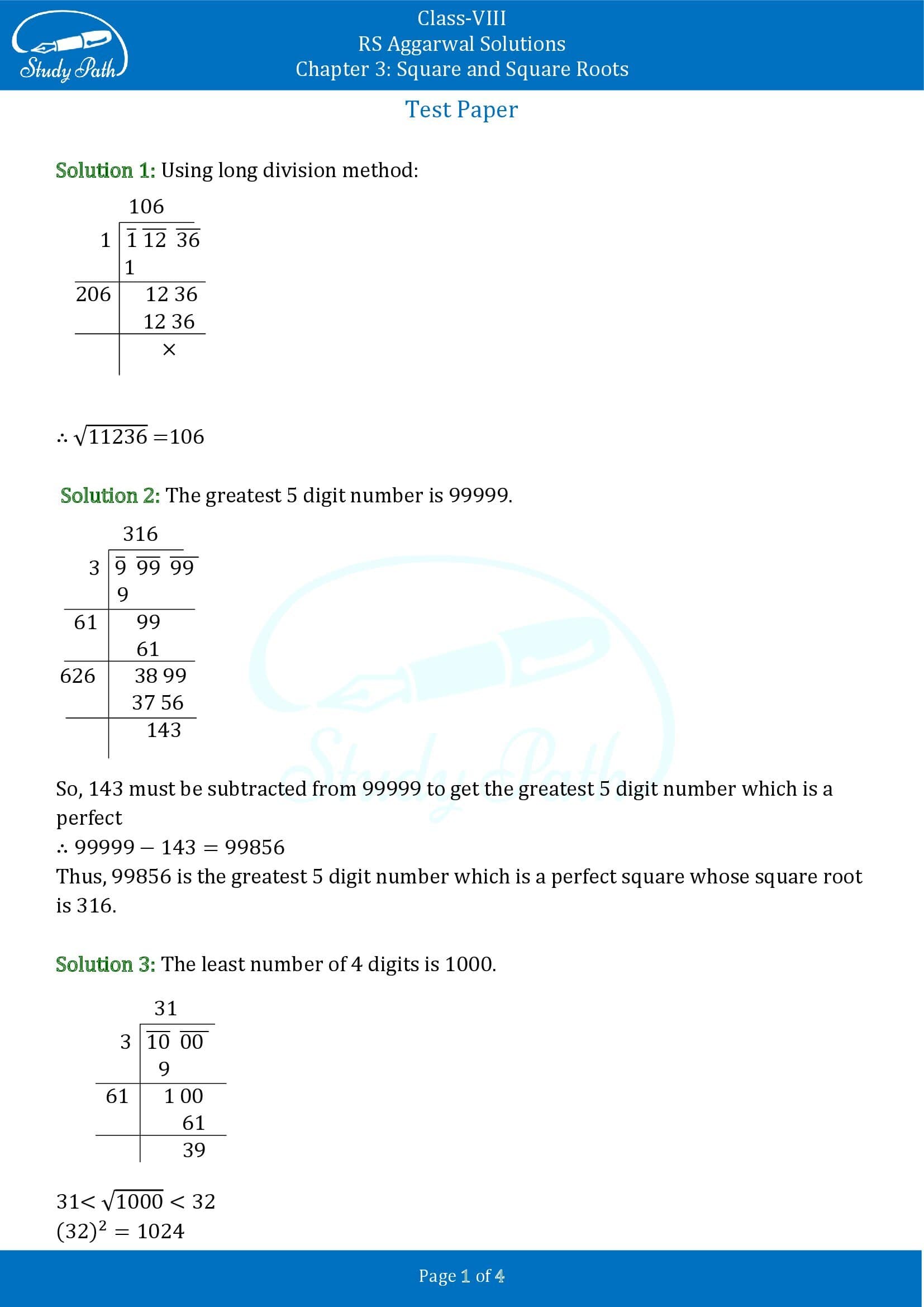 RS Aggarwal Solutions Class 8 Chapter 3 Square and Square Roots Test Paper 00001