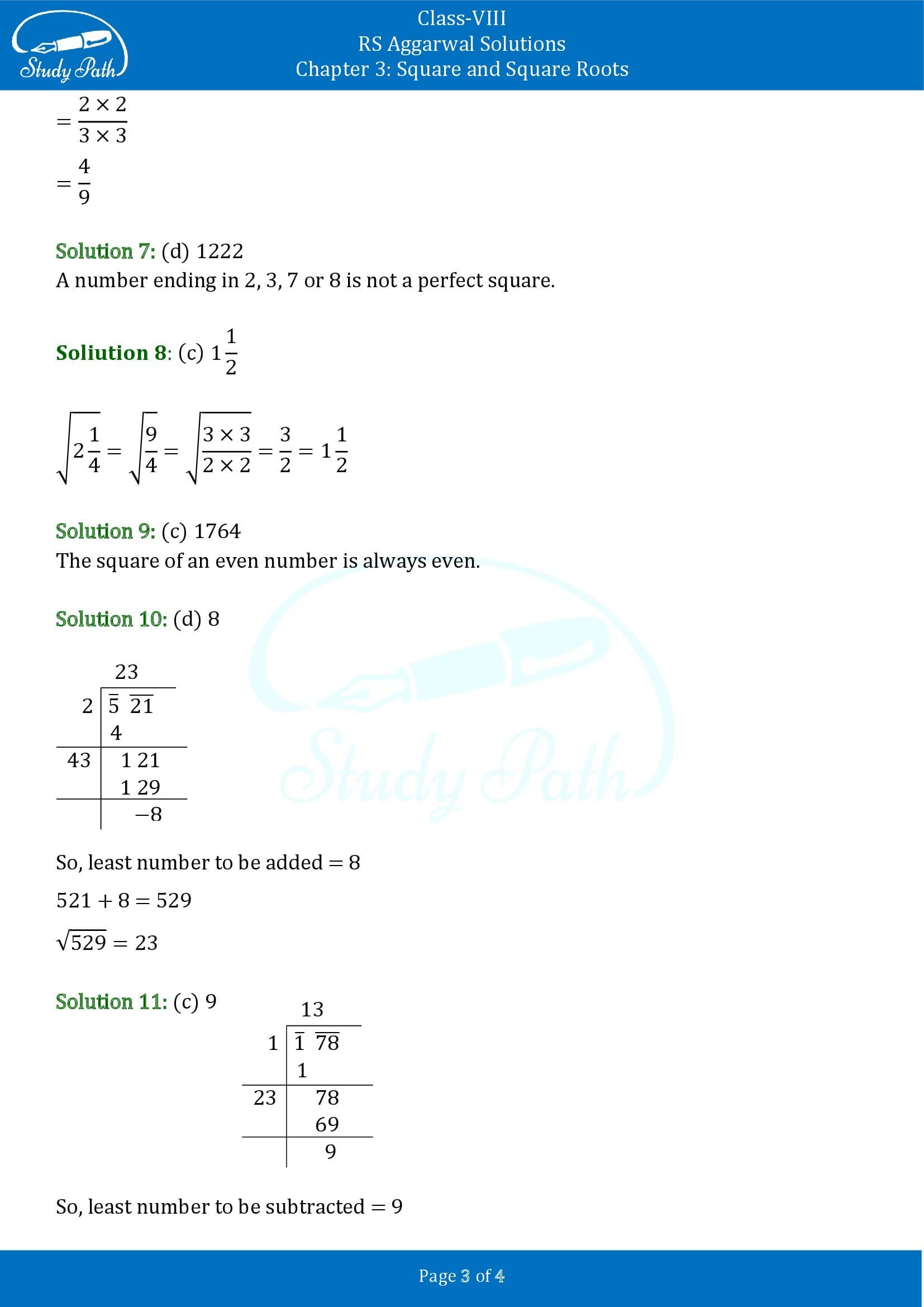RS Aggarwal Solutions Class 8 Chapter 3 Square and Square Roots Test Paper 00003