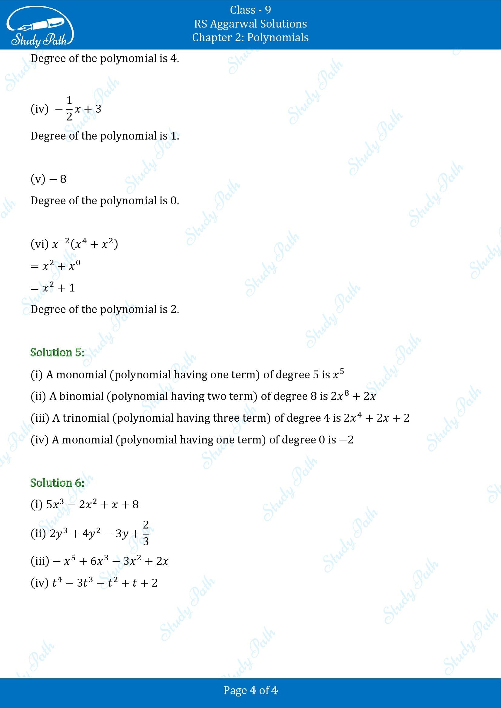 RS Aggarwal Solutions Class 9 Chapter 2 Polynomials Exercise 2A 004
