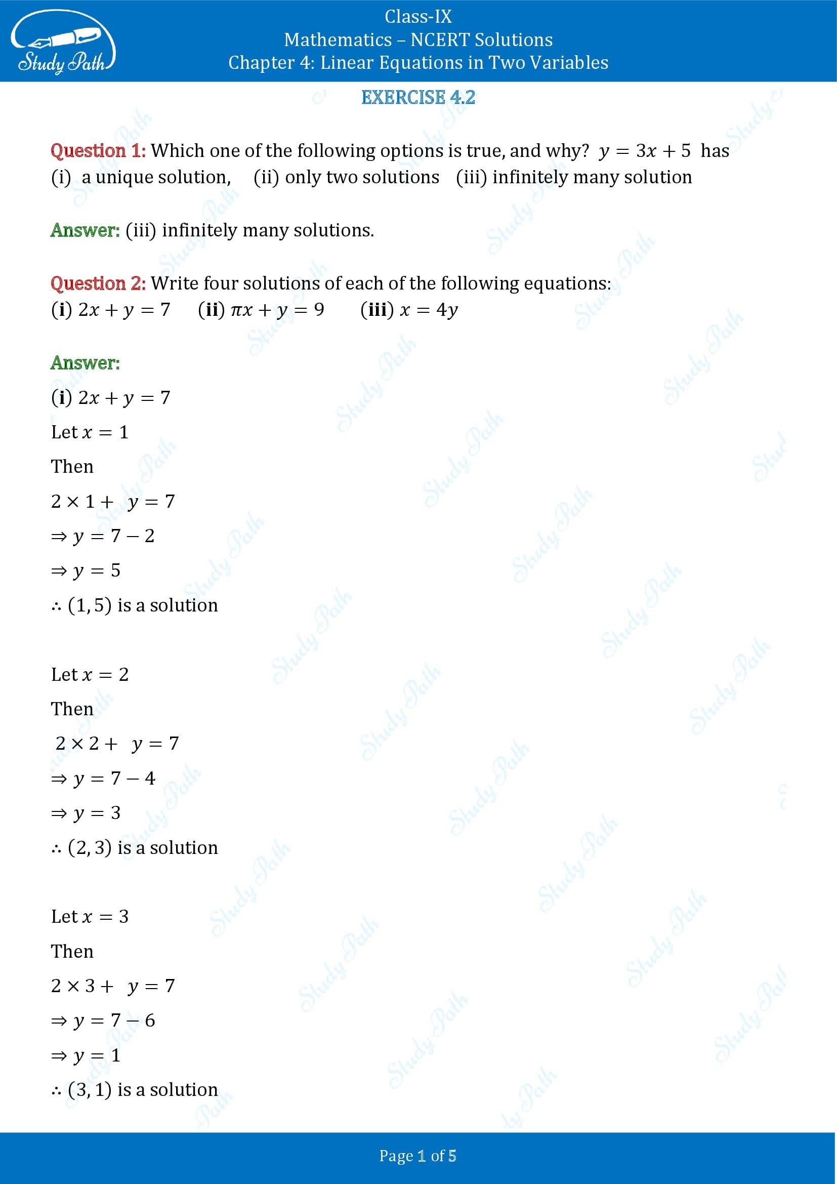 NCERT Solutions for Class 9 Maths Chapter 4 Linear Equations in Two Variables Exercise 4.2 00001