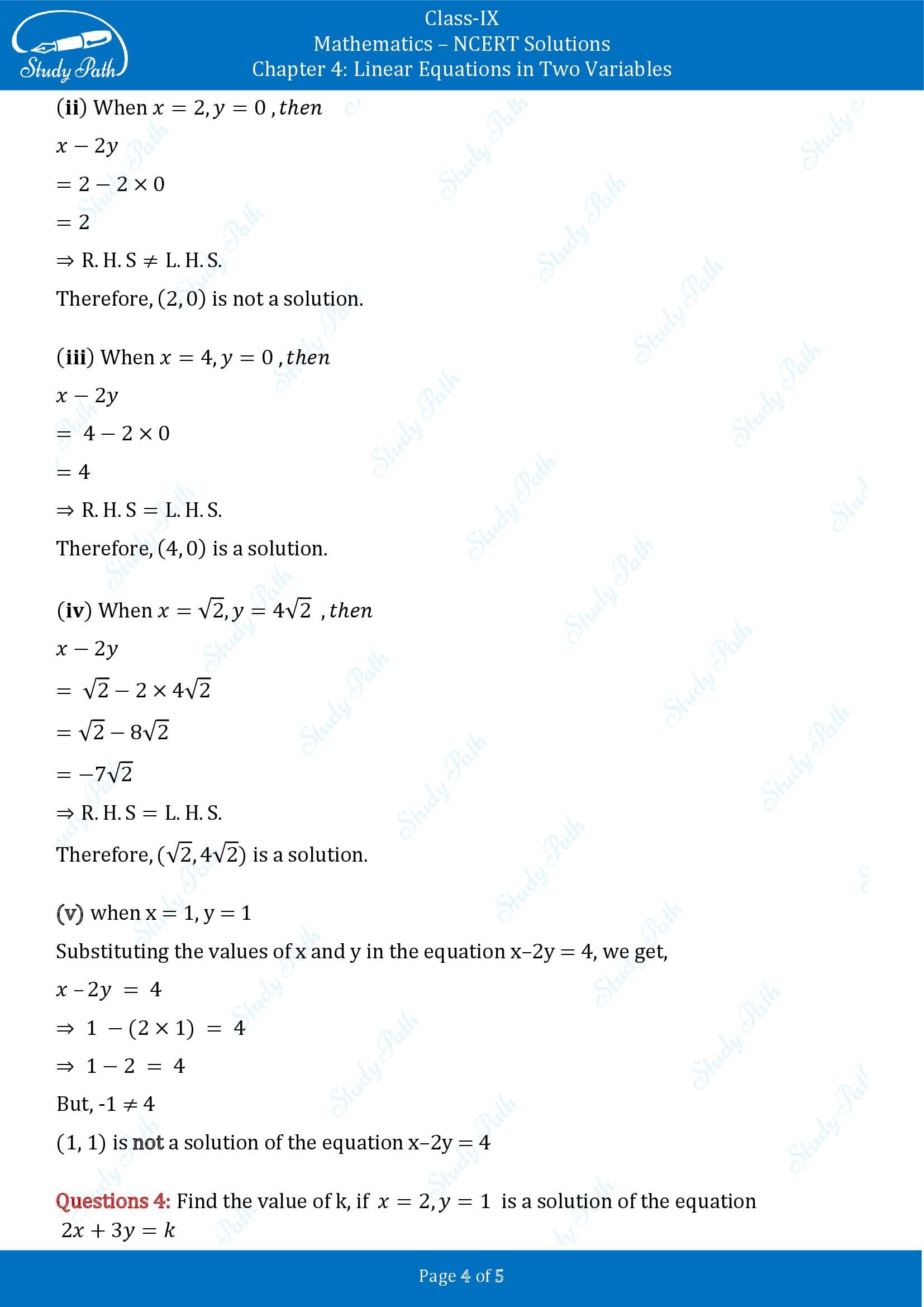 NCERT Solutions for Class 9 Maths Chapter 4 Linear Equations in Two Variables Exercise 4.2 00004