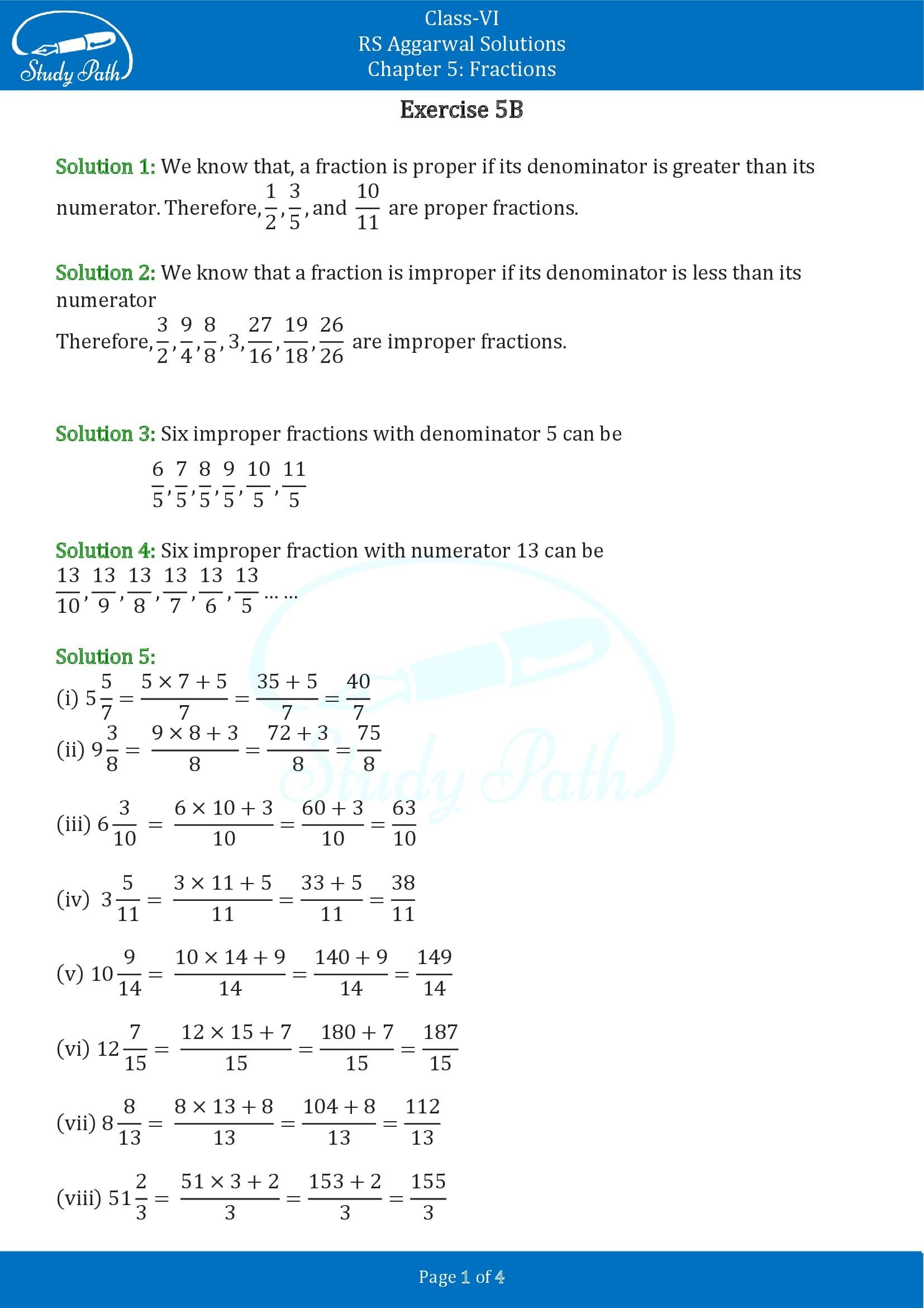 RS Aggarwal Solutions Class 6 Chapter 5 Fractions Exercise 5B 00001