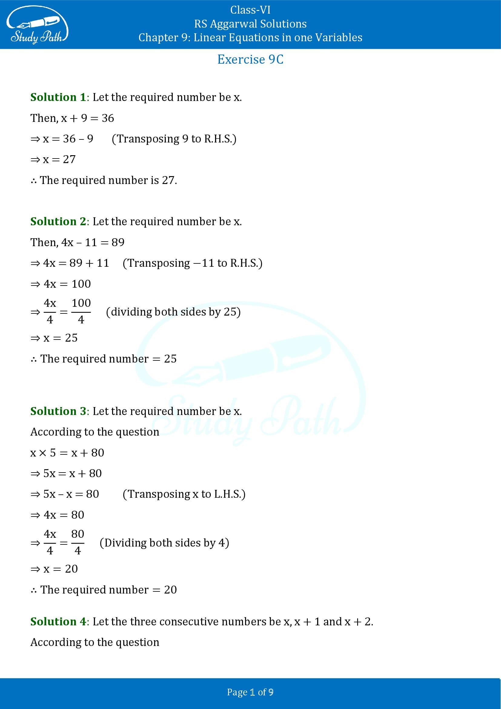 RS Aggarwal Solutions Class 6 Chapter 9 Linear Equations in One Variable Exercise 9C 00001