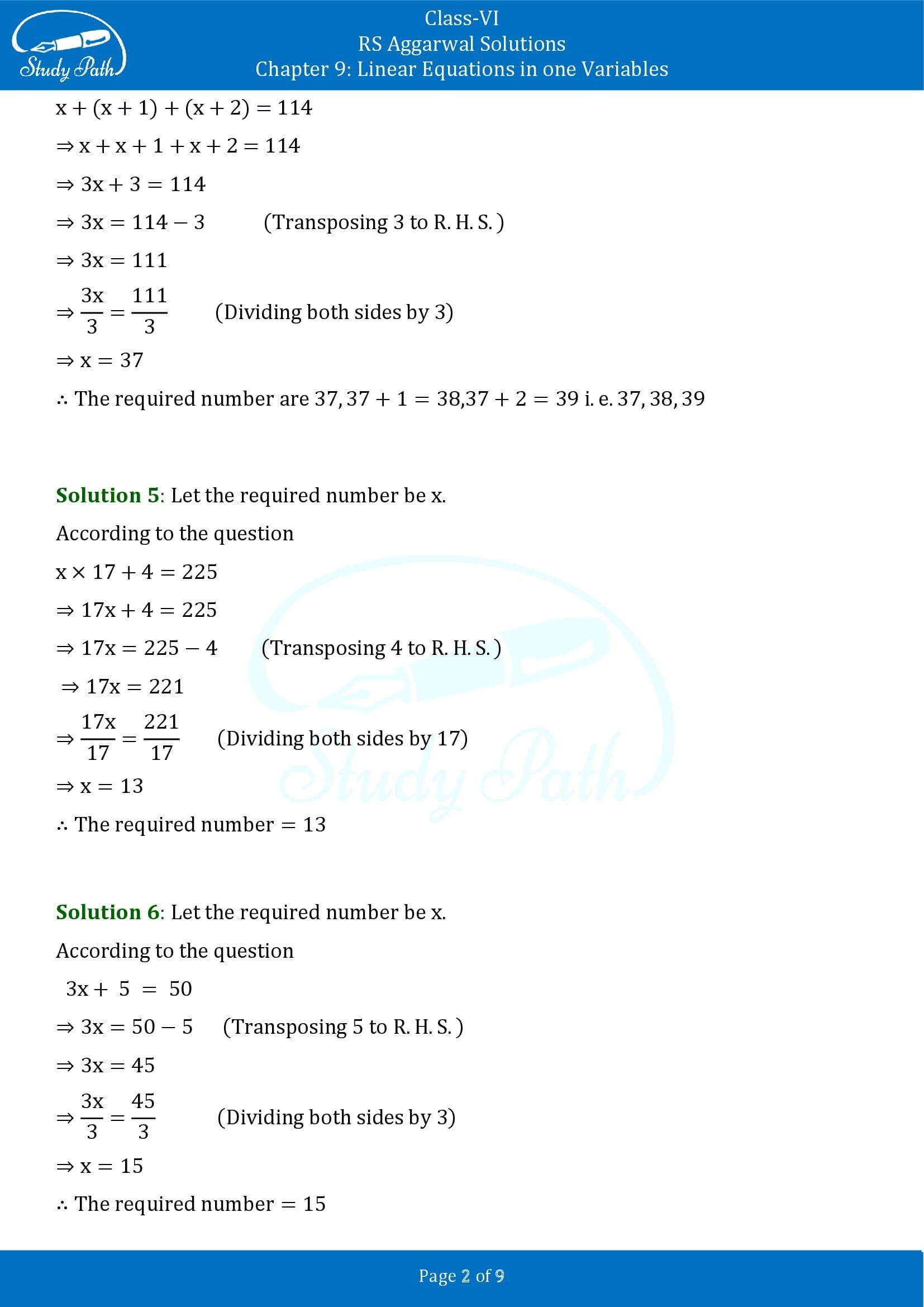 RS Aggarwal Solutions Class 6 Chapter 9 Linear Equations in One Variable Exercise 9C 00002