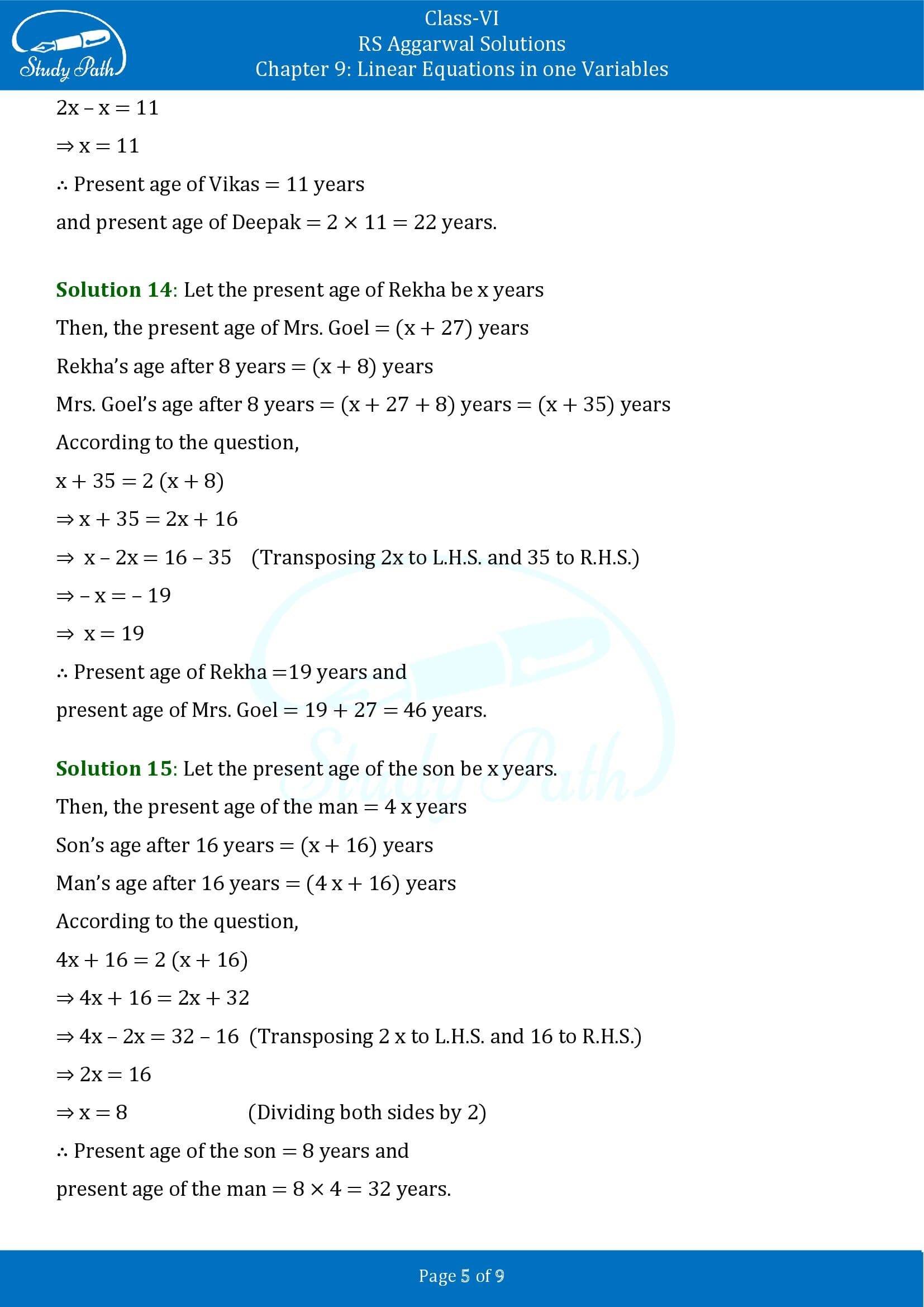 RS Aggarwal Solutions Class 6 Chapter 9 Linear Equations in One Variable Exercise 9C 00005