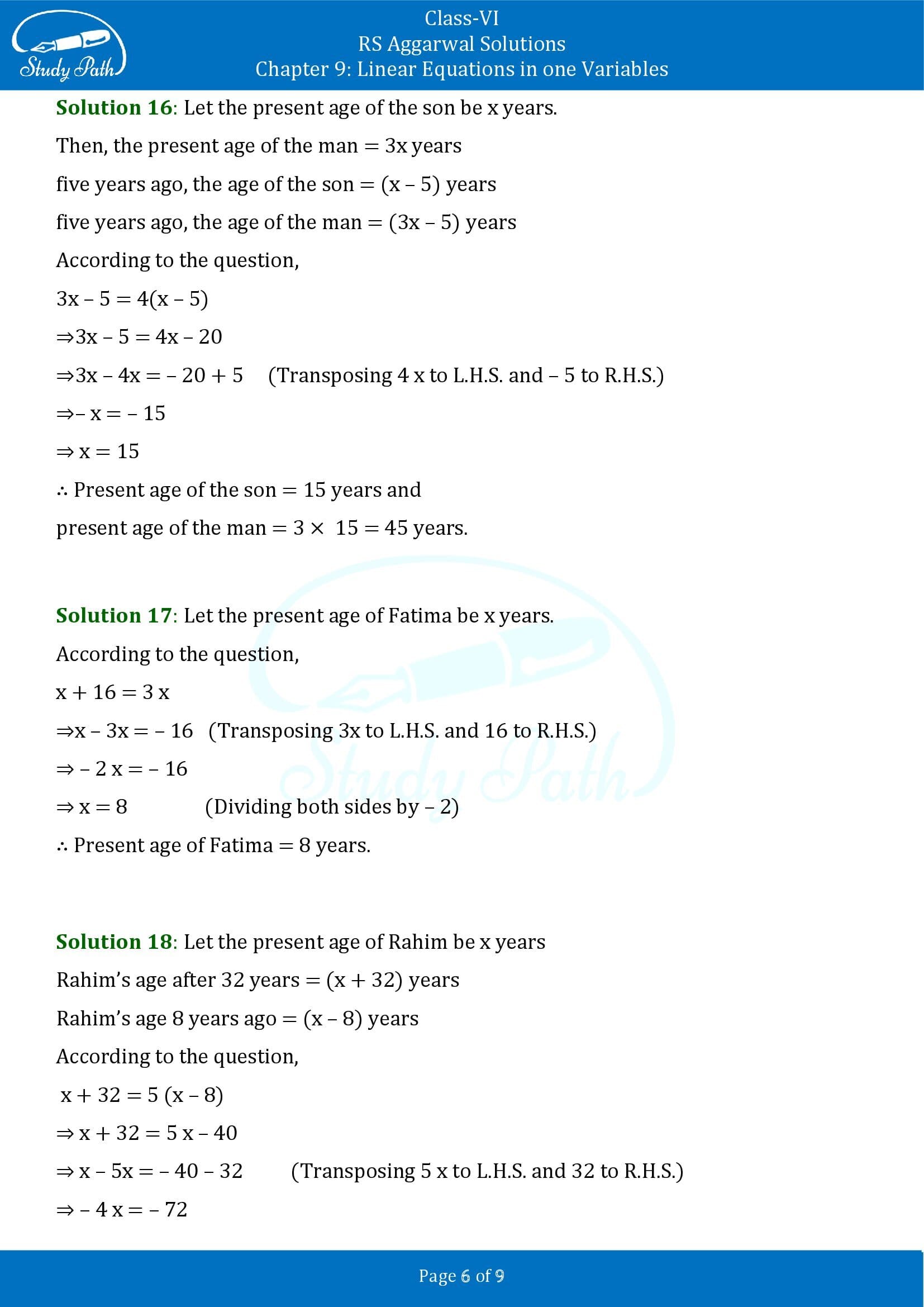 RS Aggarwal Solutions Class 6 Chapter 9 Linear Equations in One Variable Exercise 9C 00006