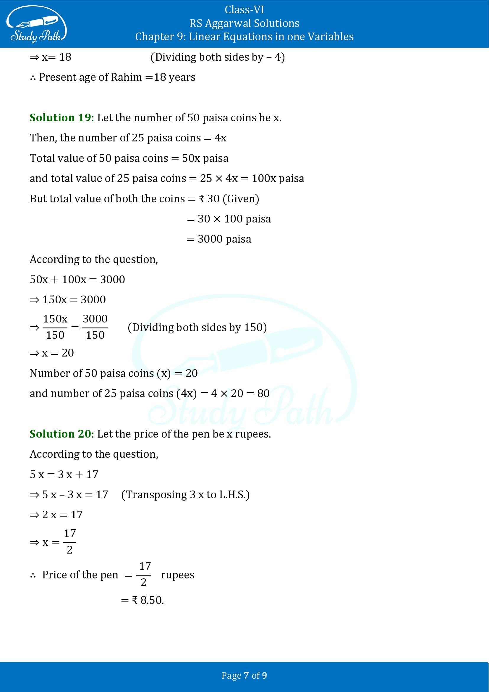 RS Aggarwal Solutions Class 6 Chapter 9 Linear Equations in One Variable Exercise 9C 00007