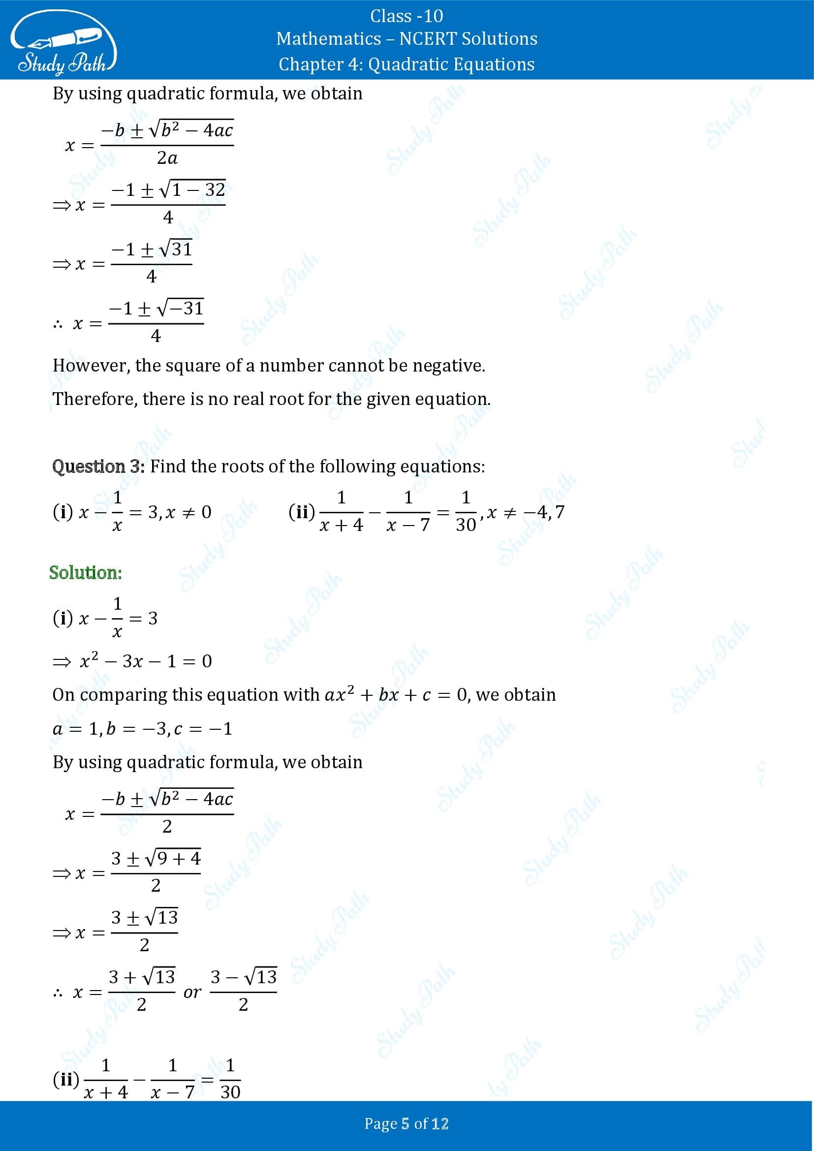 NCERT Solutions for Class 10 Maths Chapter 4 Quadratic Equations Exercise 4.3 0005