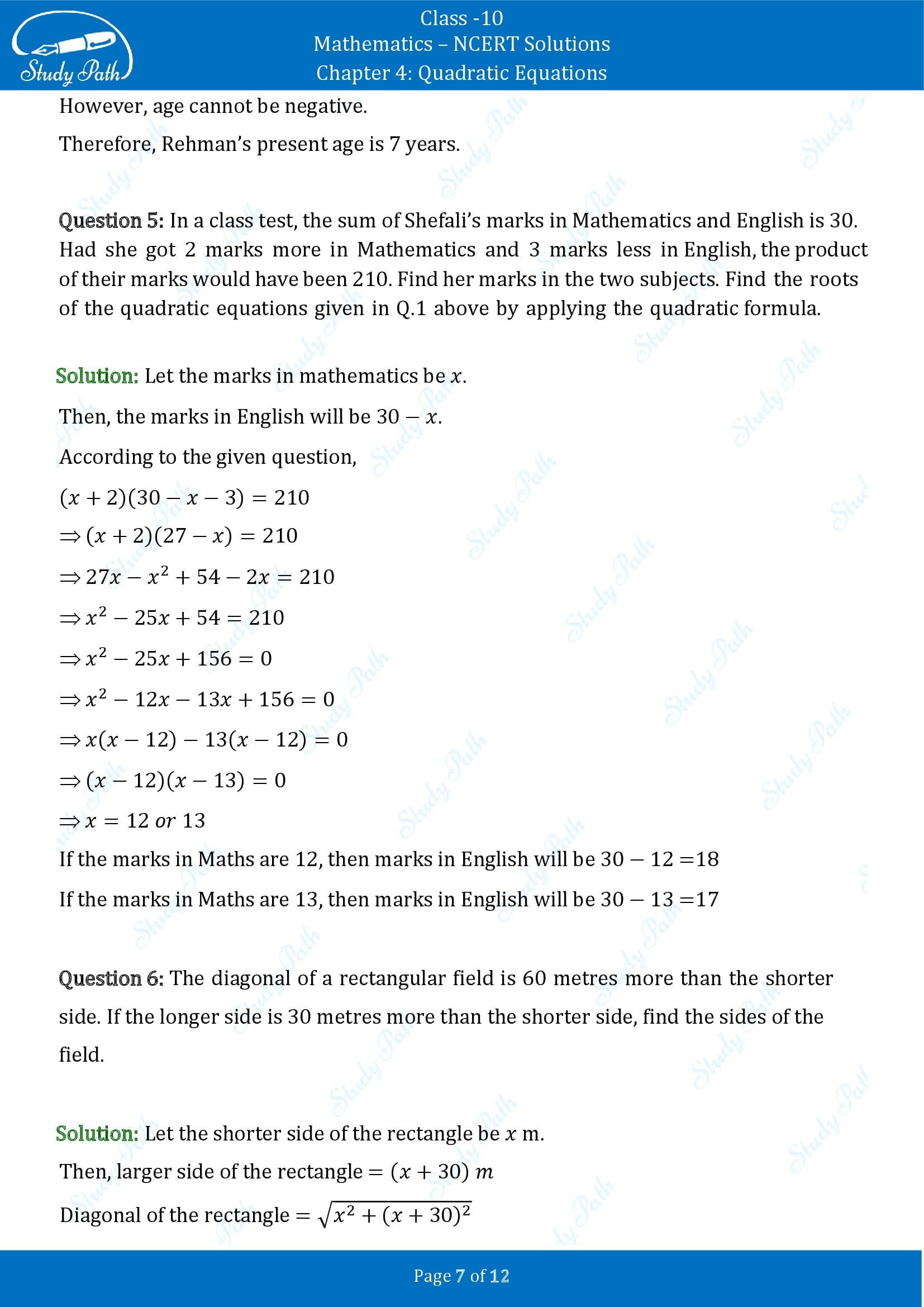 NCERT Solutions for Class 10 Maths Chapter 4 Quadratic Equations Exercise 4.3 0007